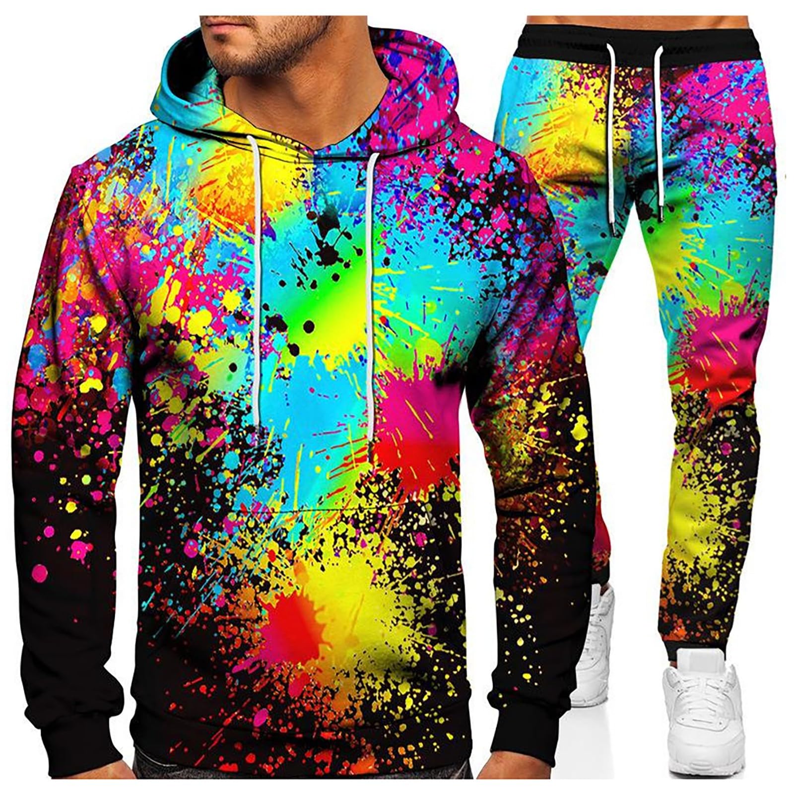 Traje de los años 90 para hombre con estampado de galaxia 3D, pantalón de chándal holgado, sudadera con capucha y manga larga