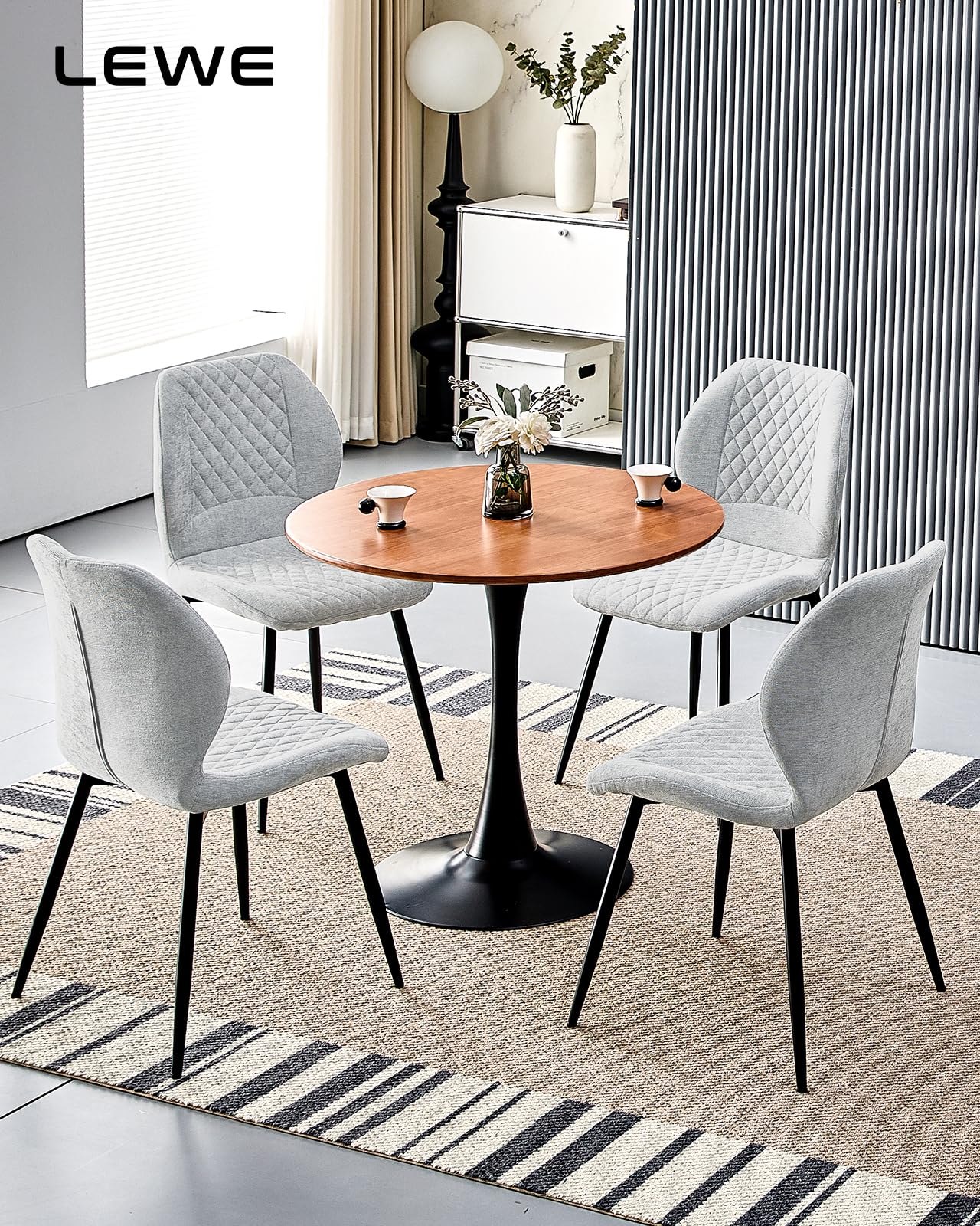 LEWE Set di 4 Sedie da pranzo in lino, stile moderno a scacchi con gamba in metallo, imbottite, sedia da cucina senza braccioli per ristorante/soggiorno/camera da letto, [grigio]
