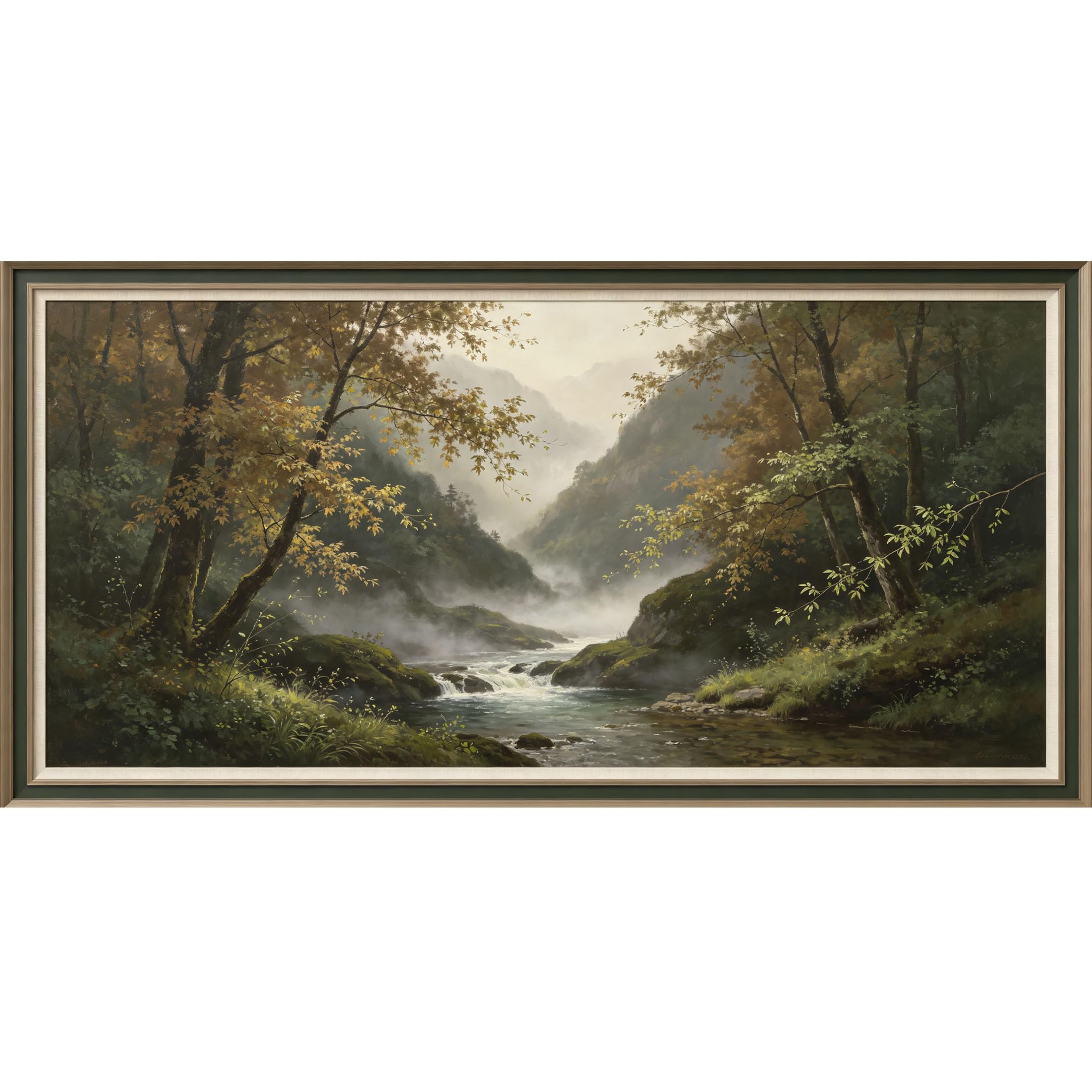 Agglomerix 3D Framed Wall Art Misty Mountain River Landscape Oil Painting Nature Trees Fog Water Rocks Large Size SelfAdhesive Removable Wall Decor Prints Artwork for Living Room Bedroom Office