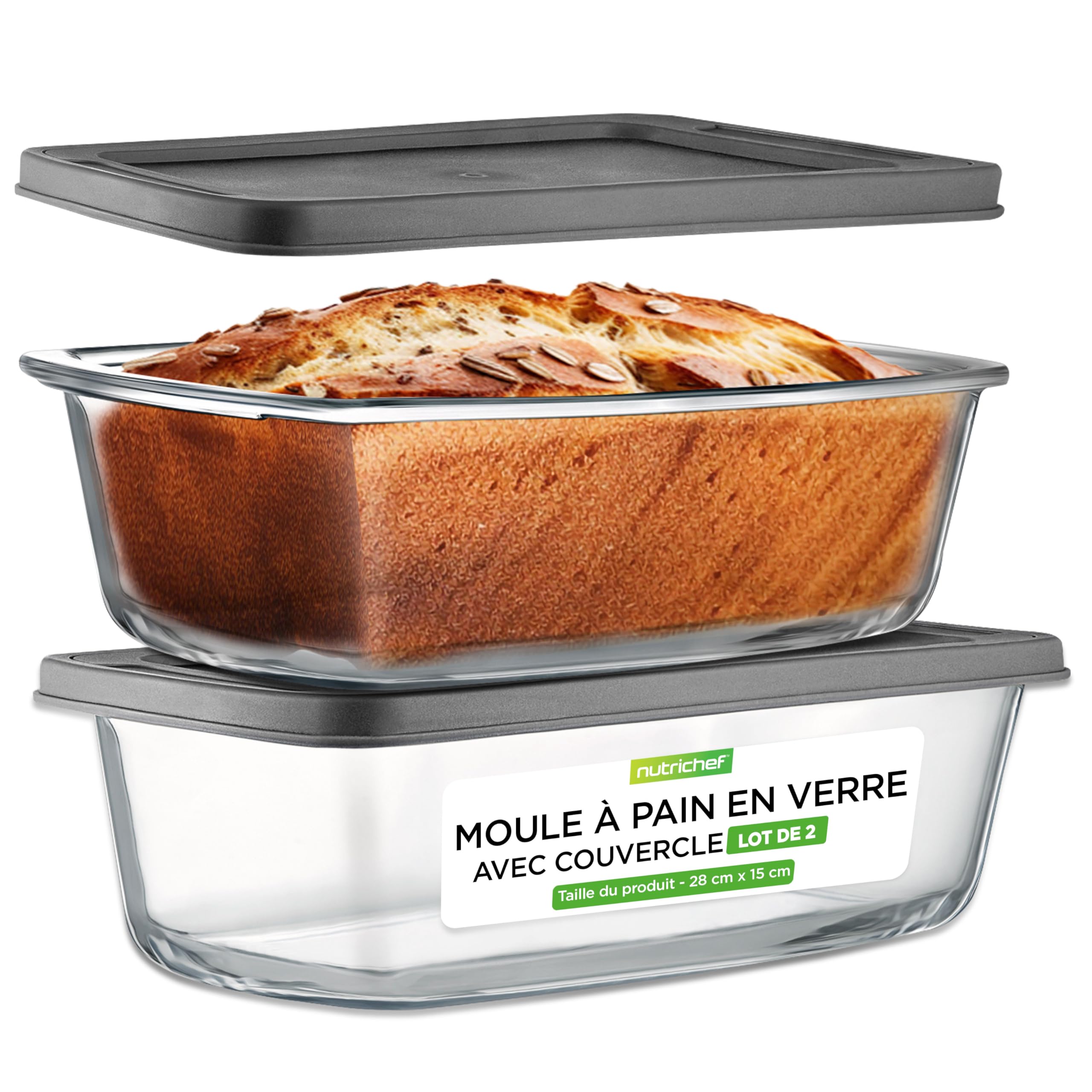 Nutrichef – Lot de 2 Moules à Cake/Moules à Pain en Verre avec Couvercles Hermétiques – Environ 1,8 L par Moule – Récipients en Verre Sans BPA, Empilables, Compatibles Four et Congélateur