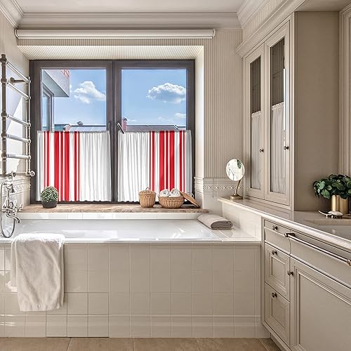 Miniatura 5 de Cortinas traslúcidas a rayas rojas de 45 pulgadas de largo, juego de 2 paneles de arte abstracto a rayas blancas modernas, cortinas