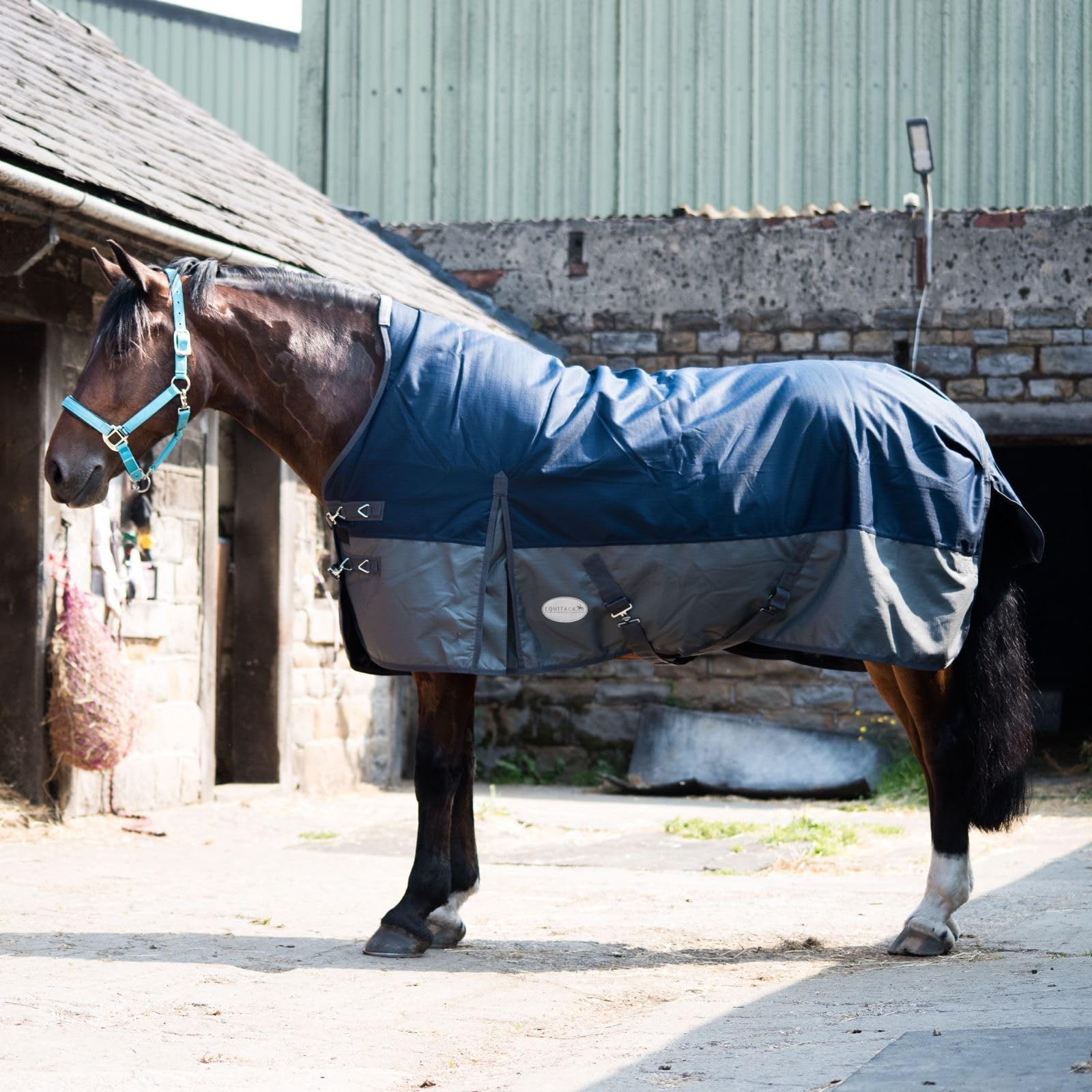 Equitack 600D Regendecke Pferd, 145cm | Highneck Pferdedecke mit Fleece Lining | wasserdichte Outdoordecke Pferd | Navy/Grau