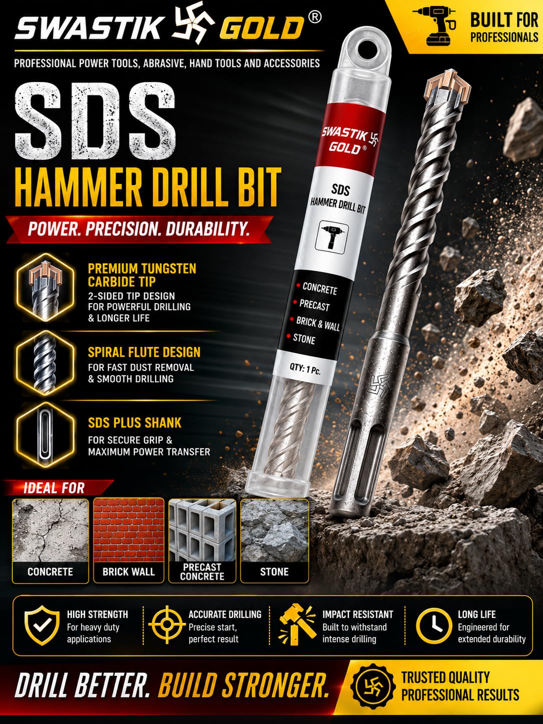 SWASTIK GOLD SDS Plus Hammer Drill Bit, 8mm X 260mm, Carbide Tip, Long Reach, for Concrete and Masonry, with Protective Case-picture-25