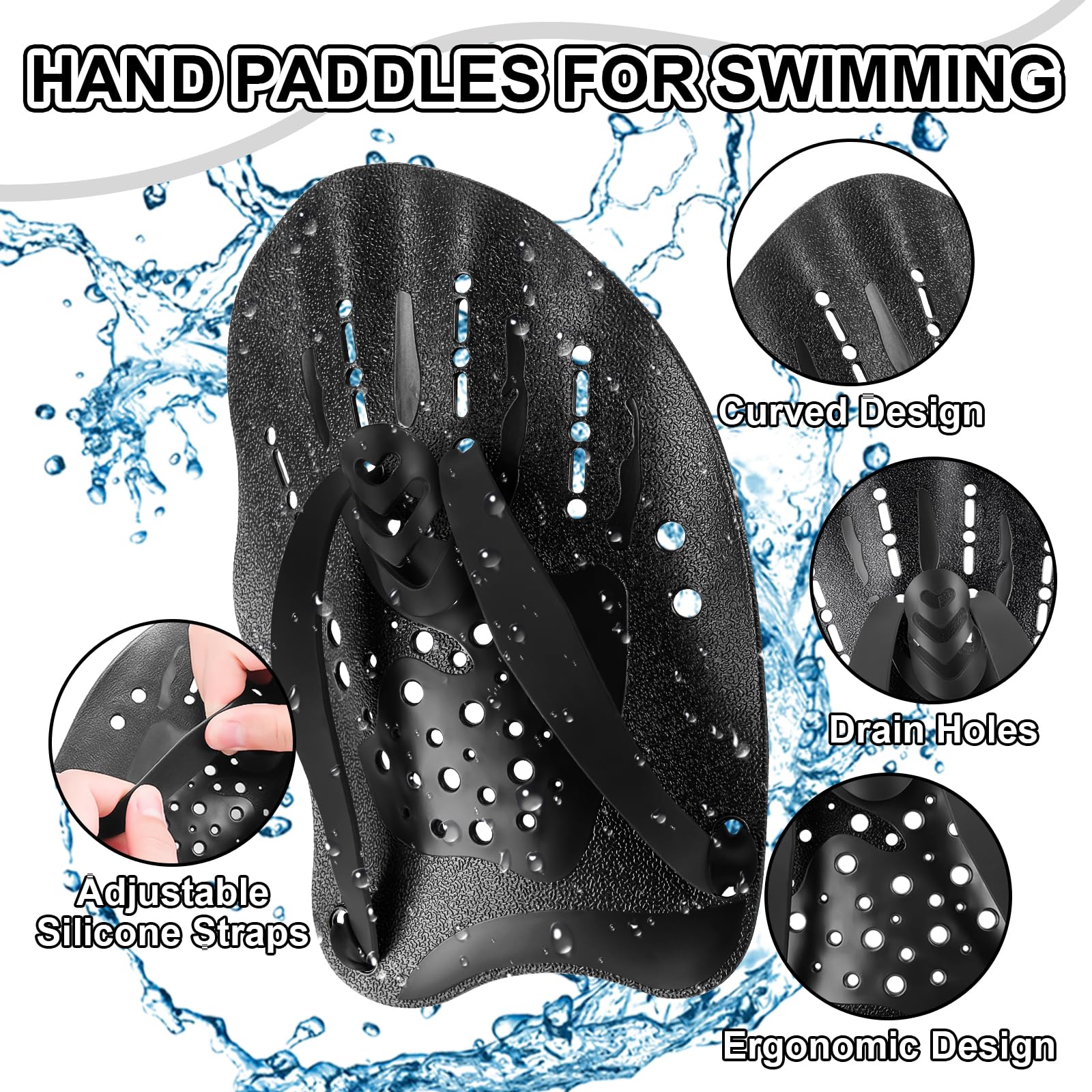 WuGU Pale da Mano da Nuoto, Palette Nuoto Piscina Regolabile, Swim Paddle, Pagaia Per Nuotos Mano, Aiuto all'allenamento Della Forza Per Adulti Bambini Unisex(Nero)