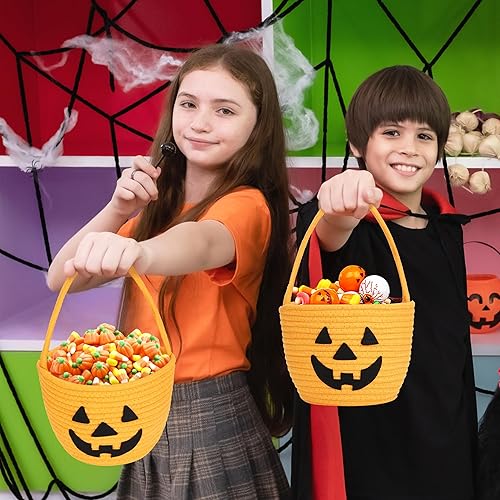 Miniatura 2 de Pro Goleem Cesta de Halloween para niños, cubo pequeño de calabaza para dulces, decoraciones de Halloween naranja, bonita cesta de truco o trato
