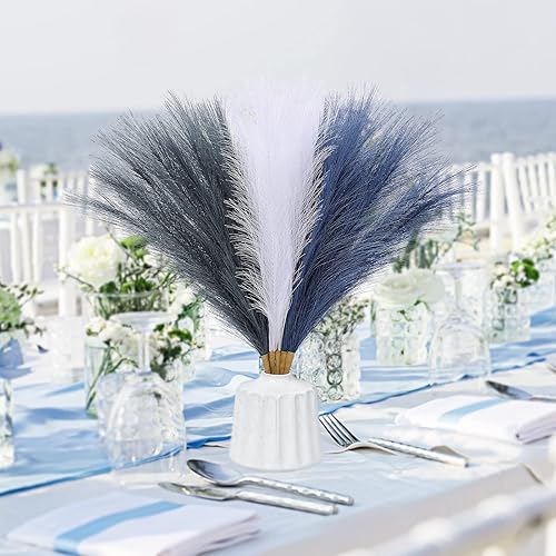 Miniatura 8 de Serwalin Decoración de hierba de las pampas azul, 17 pulgadas, 6 piezas, hierba de las pampas sintética, azul marino y blanco, decoración de boda,