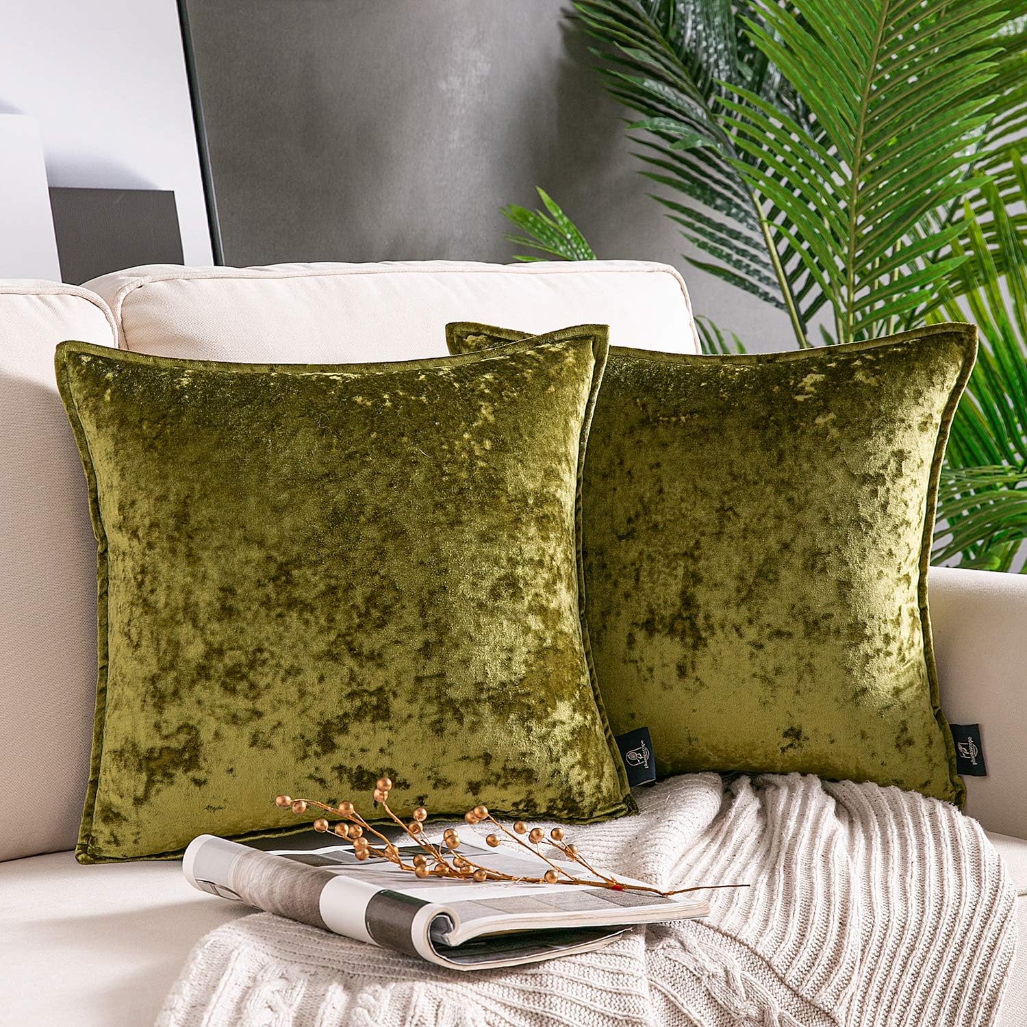Phantoscope Pack of 2 Shiny Crushed Velvet with Trim Square Throw Pillow Covers Cushion Cover Pillowcase for Couch Bed and Chair, Light Green 18 x 18 inches 45 x 45 cm