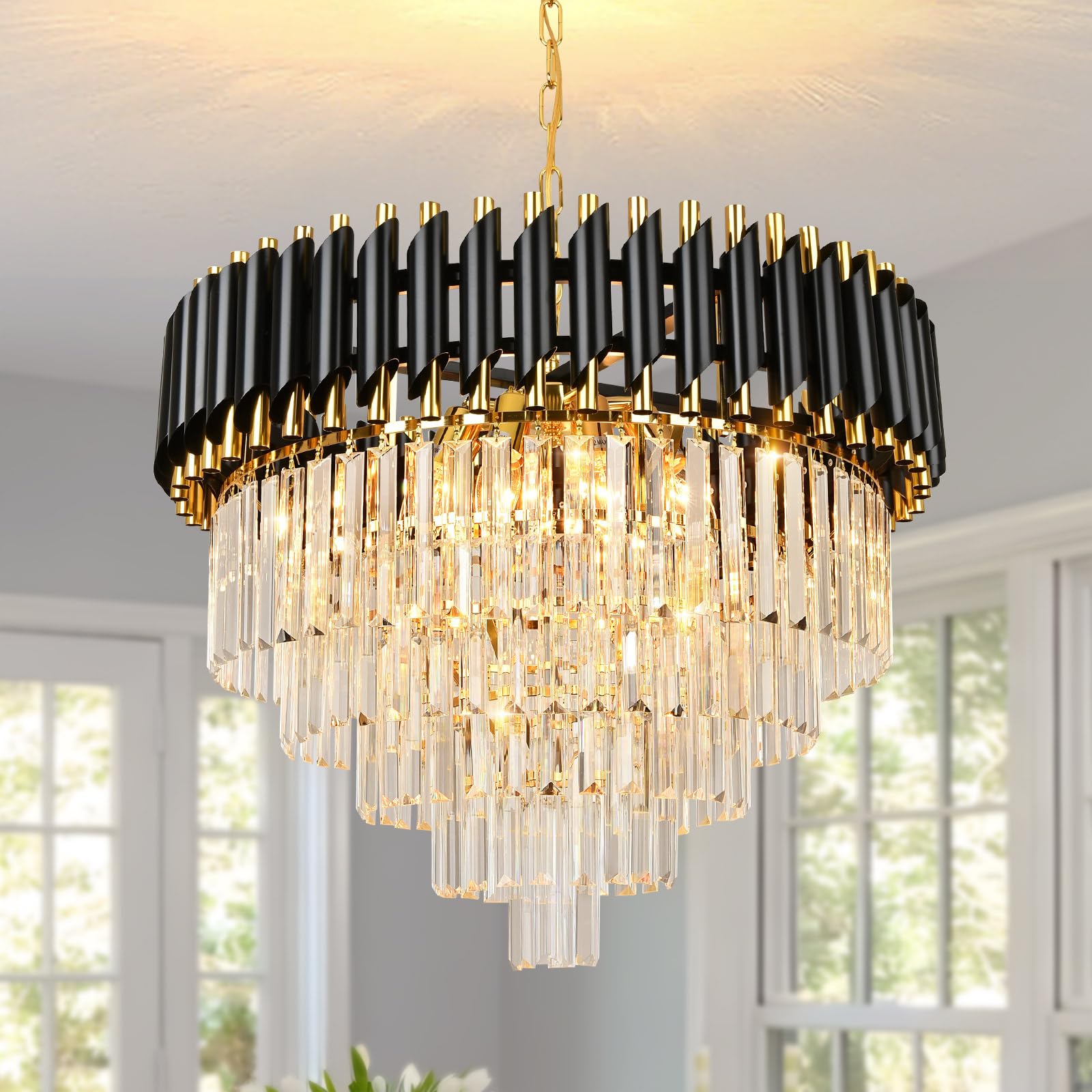 AOOCHOK Black and Gold Crystal Chandelier Pendant Light, Round Modern Crystal Chandelier for Dining Room, Living Room, Bedroom, Restaurant, E14 x 8, Φ60cm