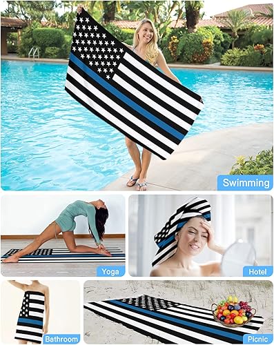 Miniatura 7 de Toalla de playa de 31 x 63 pulgadas, de microfibra, a prueba de arena, con diseño de bandera de la policía estadounidense, manta de playa ligera y