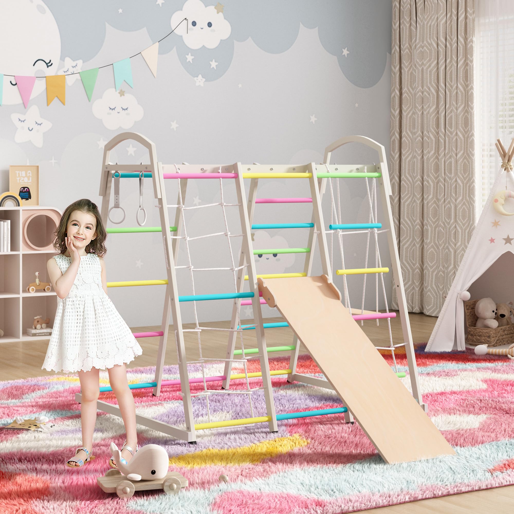 Indoor Jungle Gym, 9-in-1 Children Playground, Climbing Toys, Outside Climber Playset for Kids Ages 3-8 with Slide, Monkey Bars, Ladders, Climbing Board and Net, Swing, Hand Rings