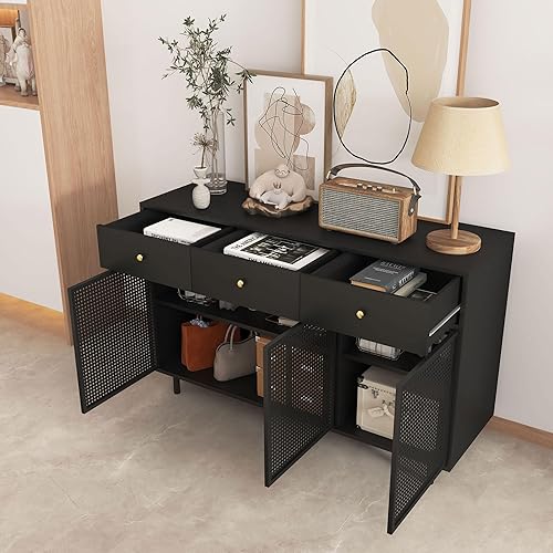 Miniatura 4 de Gabinete de buffet, gabinete de cocina con 3 cajones y 3 puertas, aparador moderno con almacenamiento y estantes ajustables, gabinete de