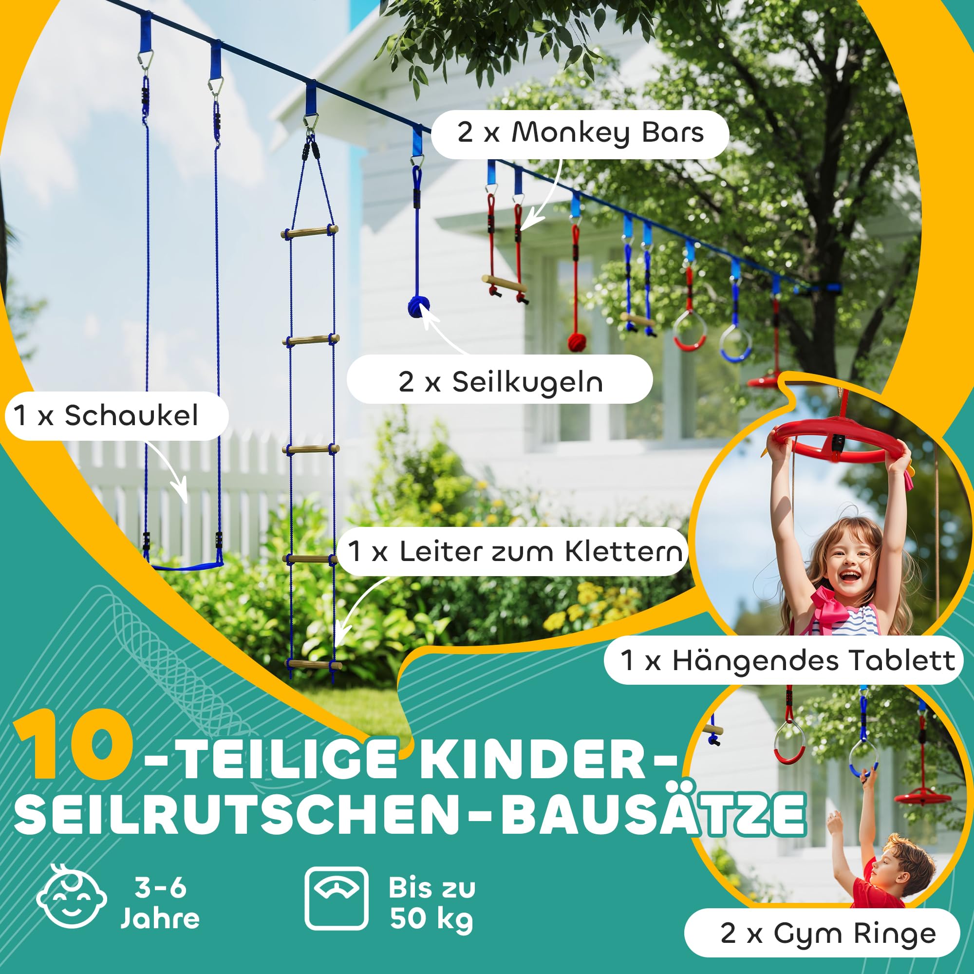 AIYAPLAY Ninja Line Kinder 10m Slackline Set mit Turnringe, Schaukel, Kletterleiter, Baumschutz, Kletterstangen, Hängetablett Outdoor Spielset Ausrüstung für 3-6 Jahre Kinder Blau+Rot