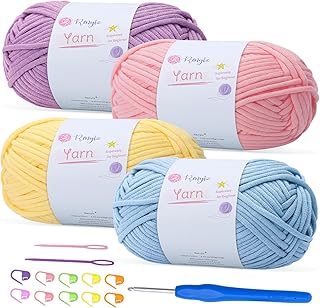 Renyiz 4-Pack 100g Chunky Cotton Crochet Yarn with 4mm Hook, Soft Non-Sp...