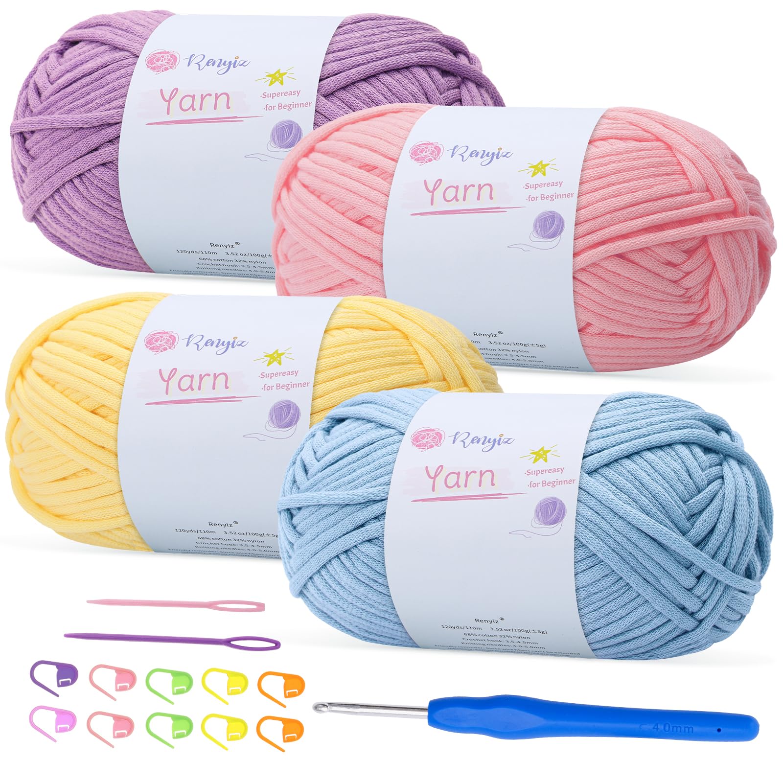 Renyiz 4-Pack 100g Chunky Cotton Crochet Yarn with 4mm Hook, Soft Non-Split Thick Yarn for Amigurumi DIY Gifts Home Decor