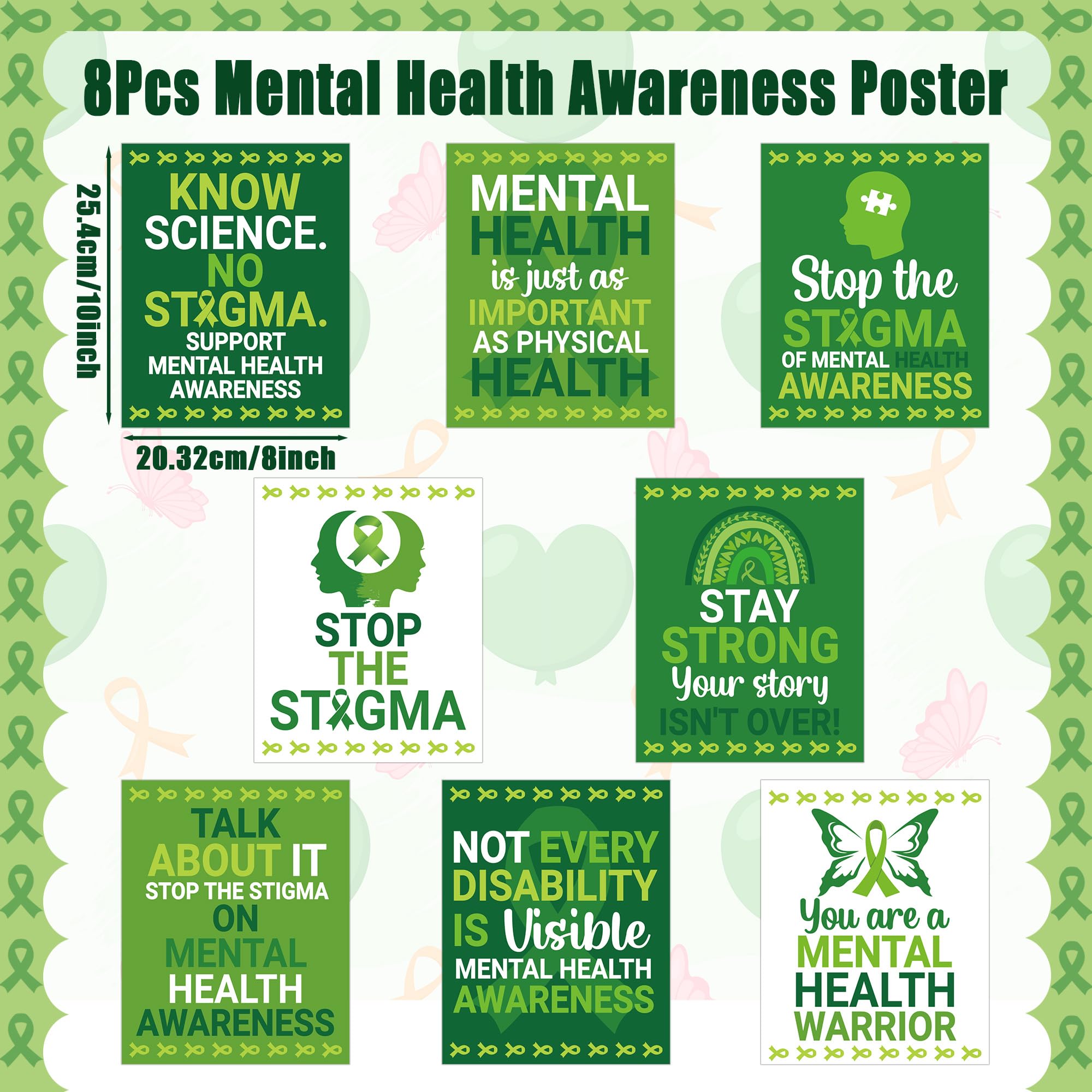 CPicdn 8Pcs Mental Health Posters, Unframed Mental Health Awareness Poster 8x10 Inch Wall Art Prints Decor Positive Quotes Green Ribbon Decorations for Classroom School Therapy Counseling Office - Image 2