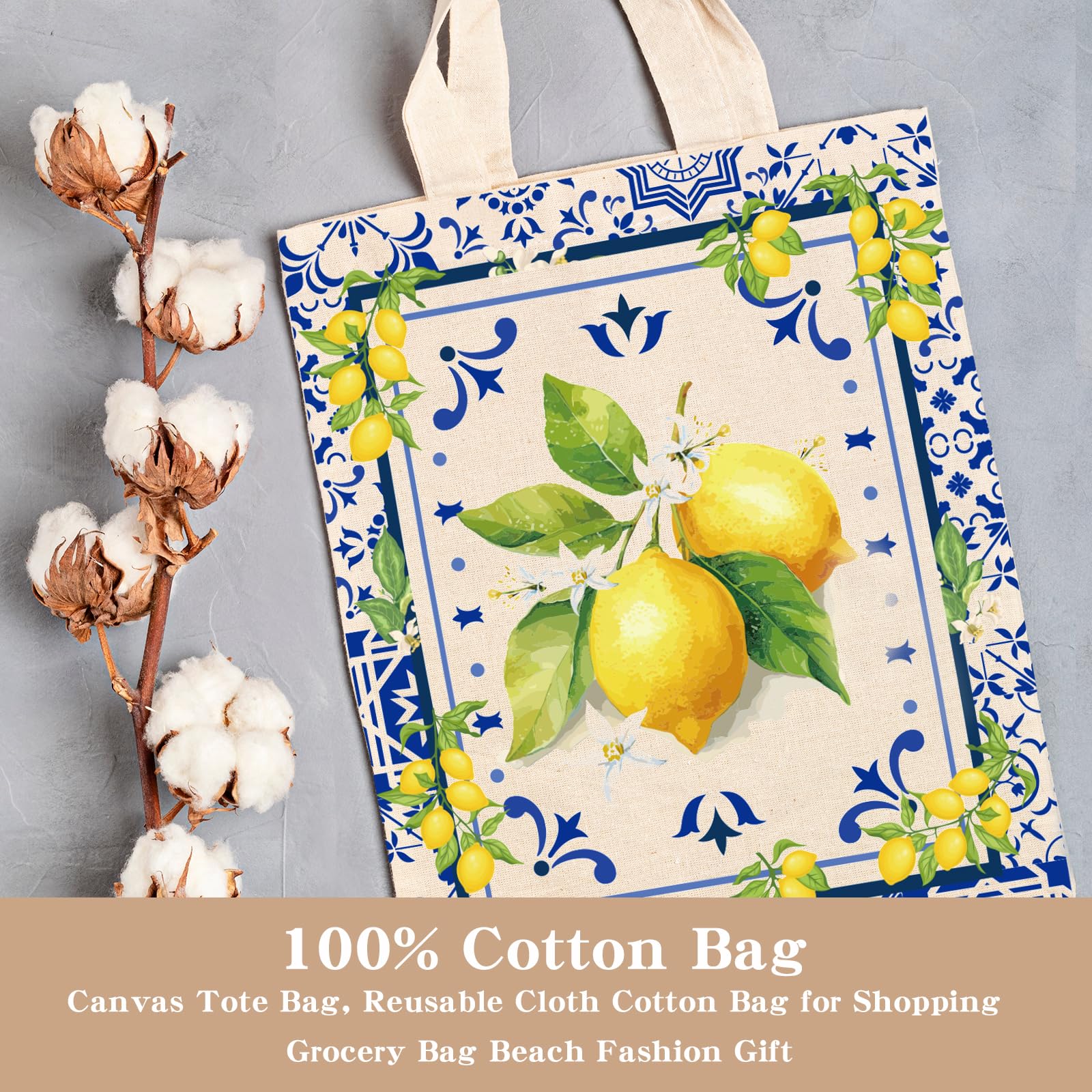 VeloKomo Lemon Canvas Bag Tote - Funny Aesthetic Reusable Gift Vintage Blue and White Porcelain Design Cloth Grocery Beach Literature Bags for Mom Women Teacher Reader Shopping Club Travel Work Gifts