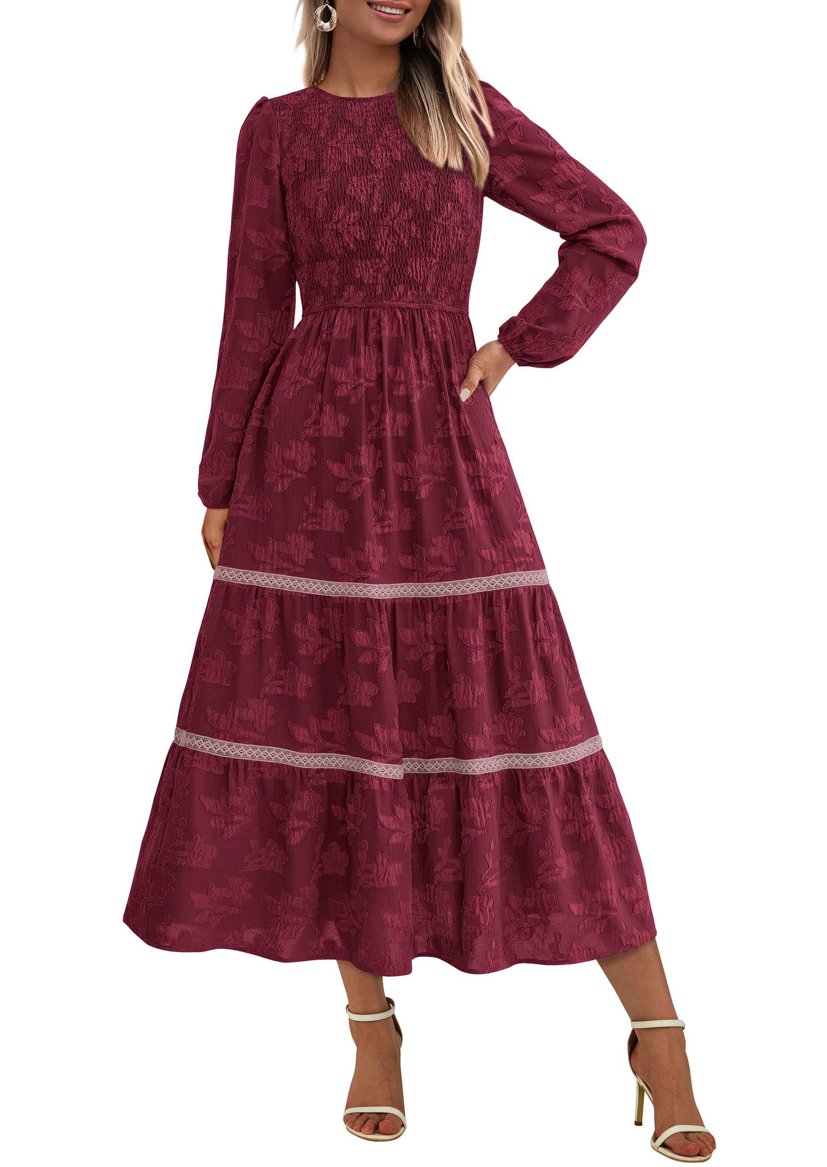 PRETTYGARDEN Women's Long Sleeve Boho Floral Midi Dress