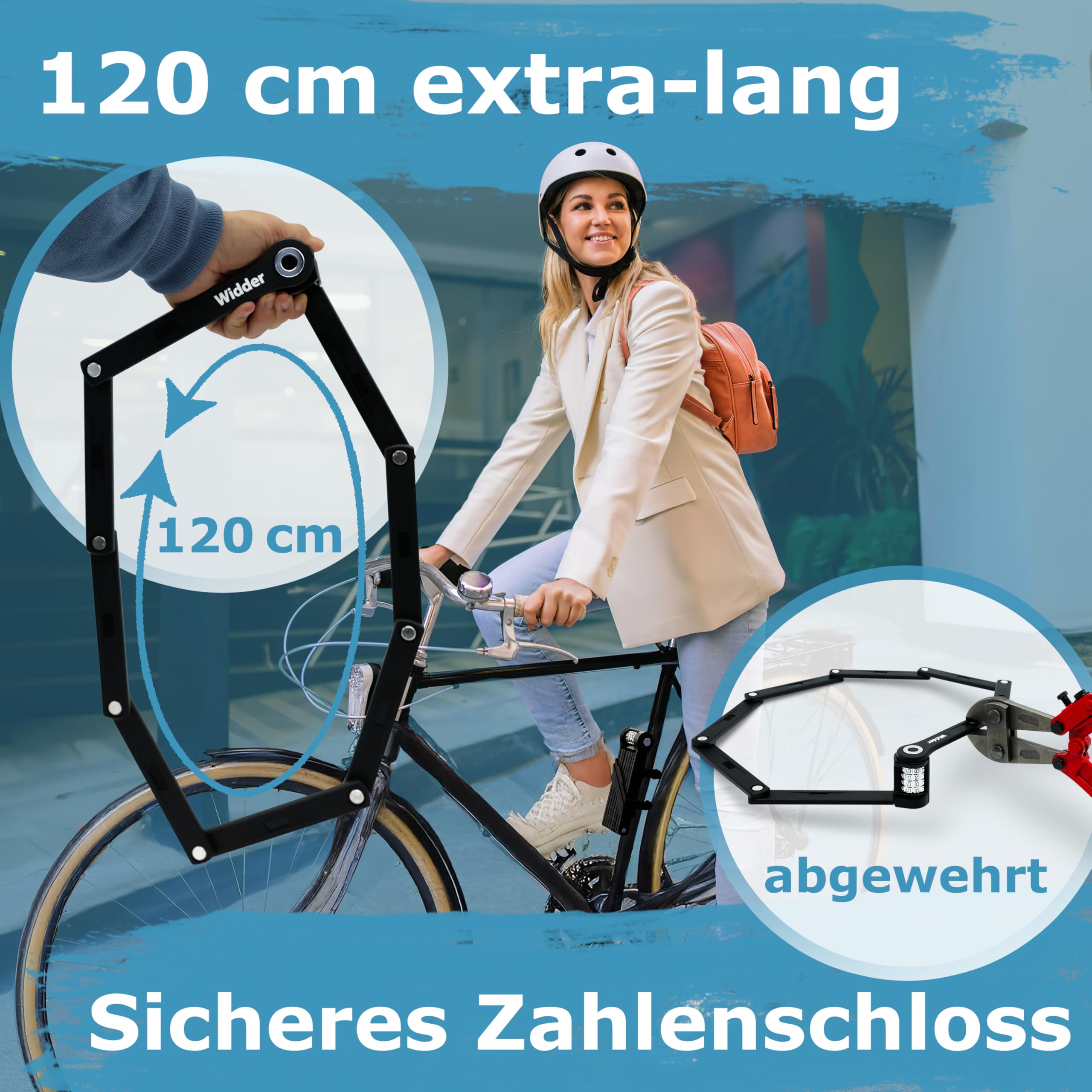 WIDDER 120cm Extrem Sicheres Fahrradschloss Zahlenschloss [Titan-Stahl Level 15] - 120 cm Faltschloss Fahrrad Zahlen Schloss mit Halterung - e Bike Lock & e Scooter Schloss mit Zahlencode