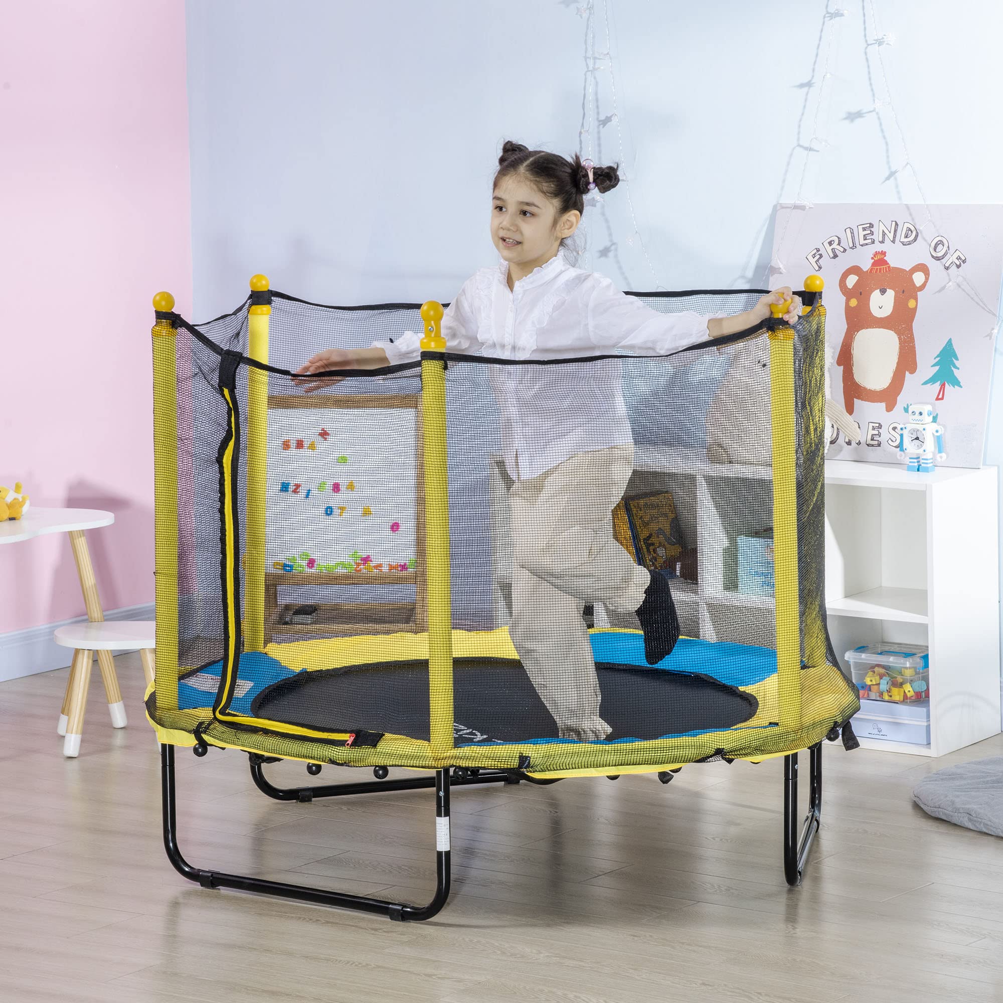 ZONEKIZ Trampolín Infantil Con Red De Seguridad Y Barra Ajustable, De 140 Cm, Soporte 50 Kg, Para Niños De 3 A 10 Años, Ideal Para Interior Y Exterior