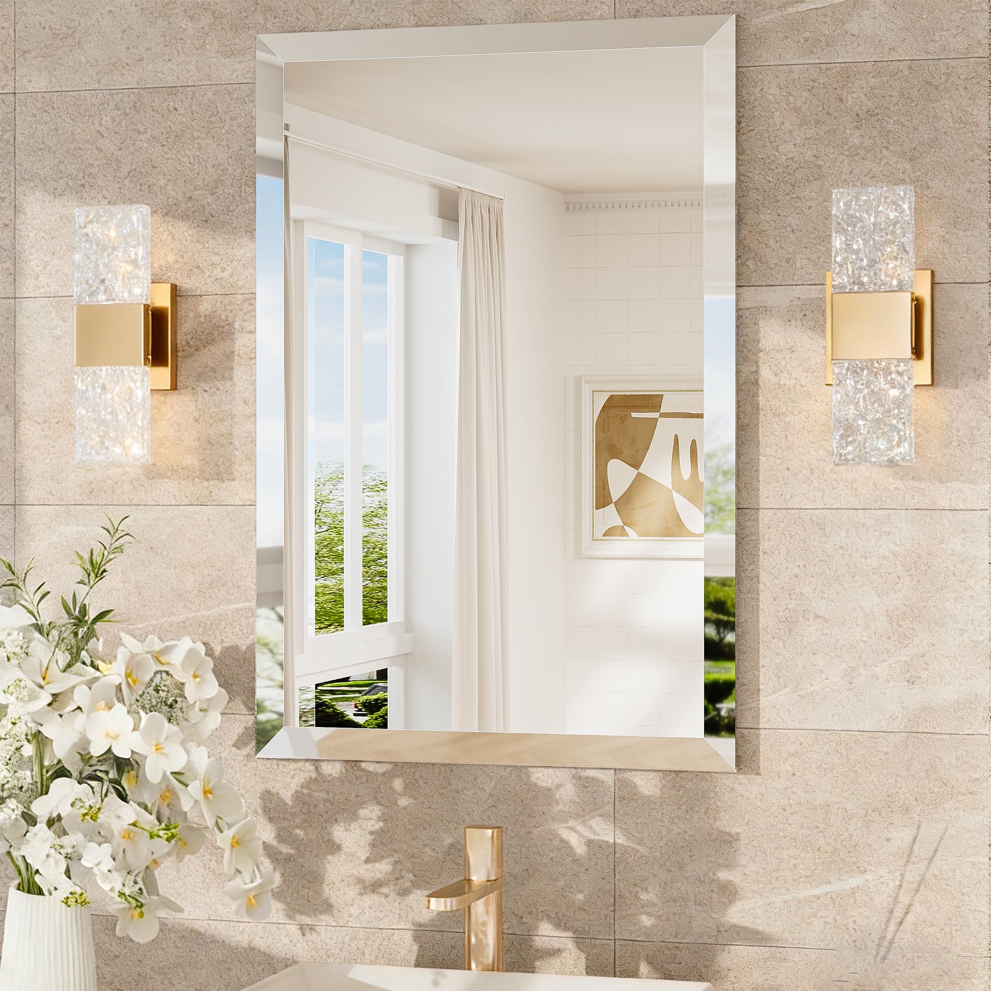 Keonjinn Frameless Bathroom Mirror 40x60cm, Wall Mounted Mirror With Bevelled Edge Design, Rectangular Vanity Mirror for Bathroom, Hallway, Living Room