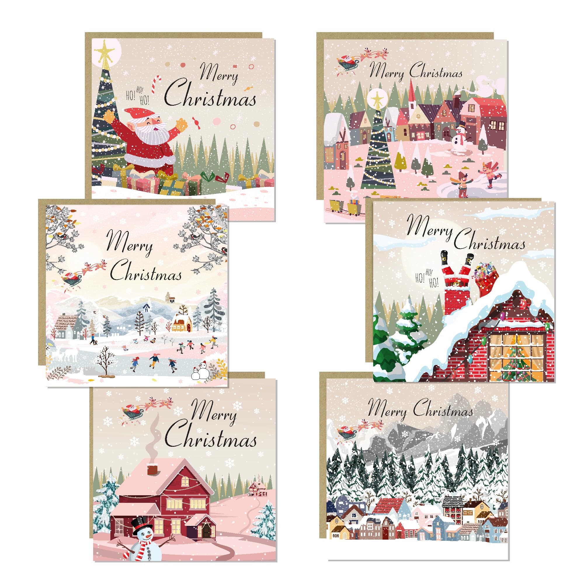 RED OCEAN Merry Christmas Card Pack of 6 Multipack Xmas Cards For Friends Family Colleagues Teachers 145x145mm With Kraft Envelope Christmas Card For Kids Children Men Women