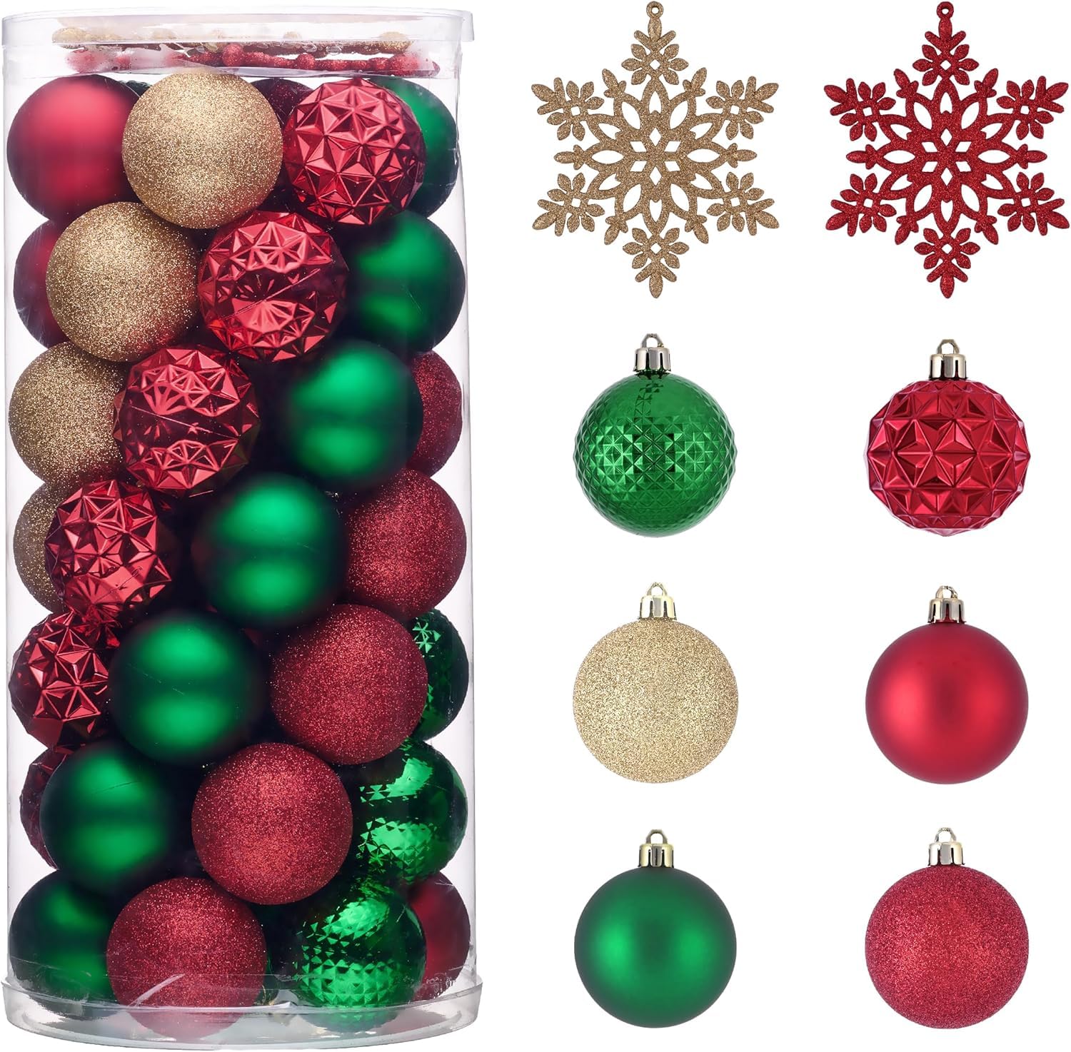 KAHEIGN 30 Piezas Bolas de Navidad, 6CM Rojo Verde Dorado Colgantes de Navidad Irrompibles con 2 x 16CM Adornos de Copos de Nieve para Navidad Árbol Festividades Hogar Fiesta Decoración (6 Estilos)