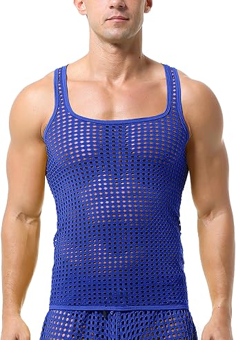 QiaTi Mens Mesh Tank Tops Fishnet Sleeveless Shirts Square Neck Sexy Undershirts See Through Tops for Men