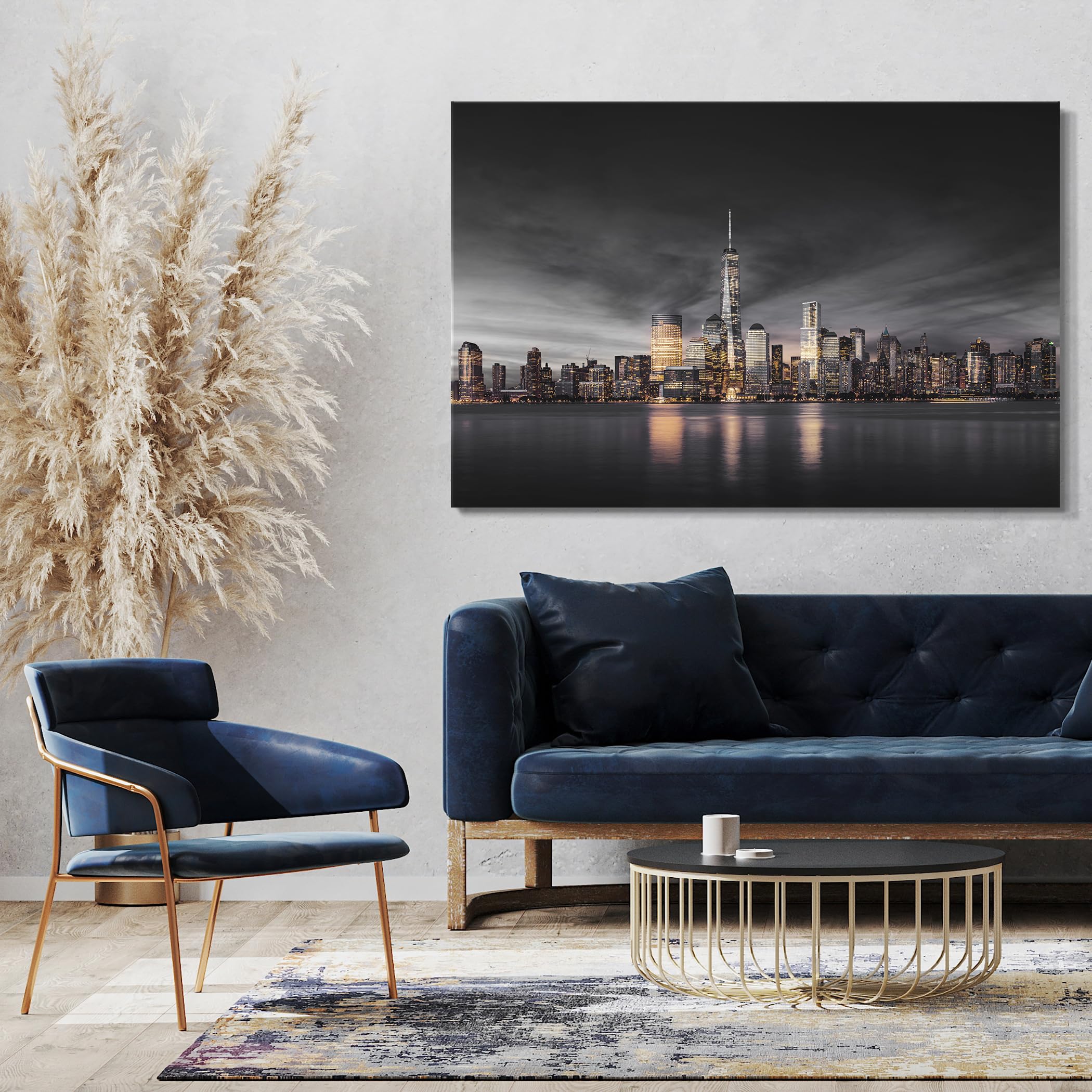 Printistico Impression sur toile (100x70 cm) Horizon de New York avec gratte-ciel, photographie USA - Amérique, cadre en bois véritable avec crochet,