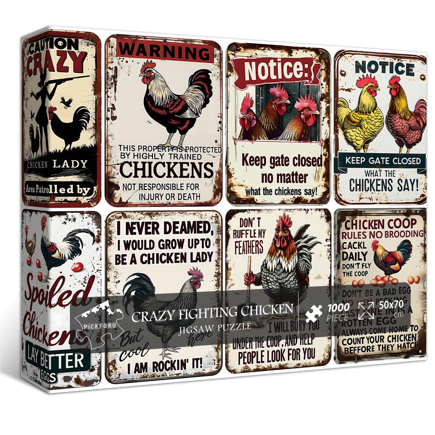 PICKFORU Chicken Puzzles for Adults 1000 Pieces, Vintage Crazy Fighting Chicken Rooster Poster Jigsaw Puzzles, Impossible Hard Funny Challenging Theme as Home Decor