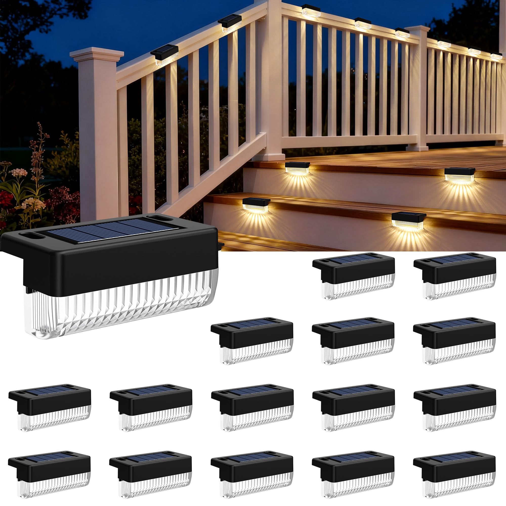 Solar Deck Lights Outdoor 16 Packs Solar Powered LED Step Lights Waterproof Outdoor for Deck Step Fence Wall