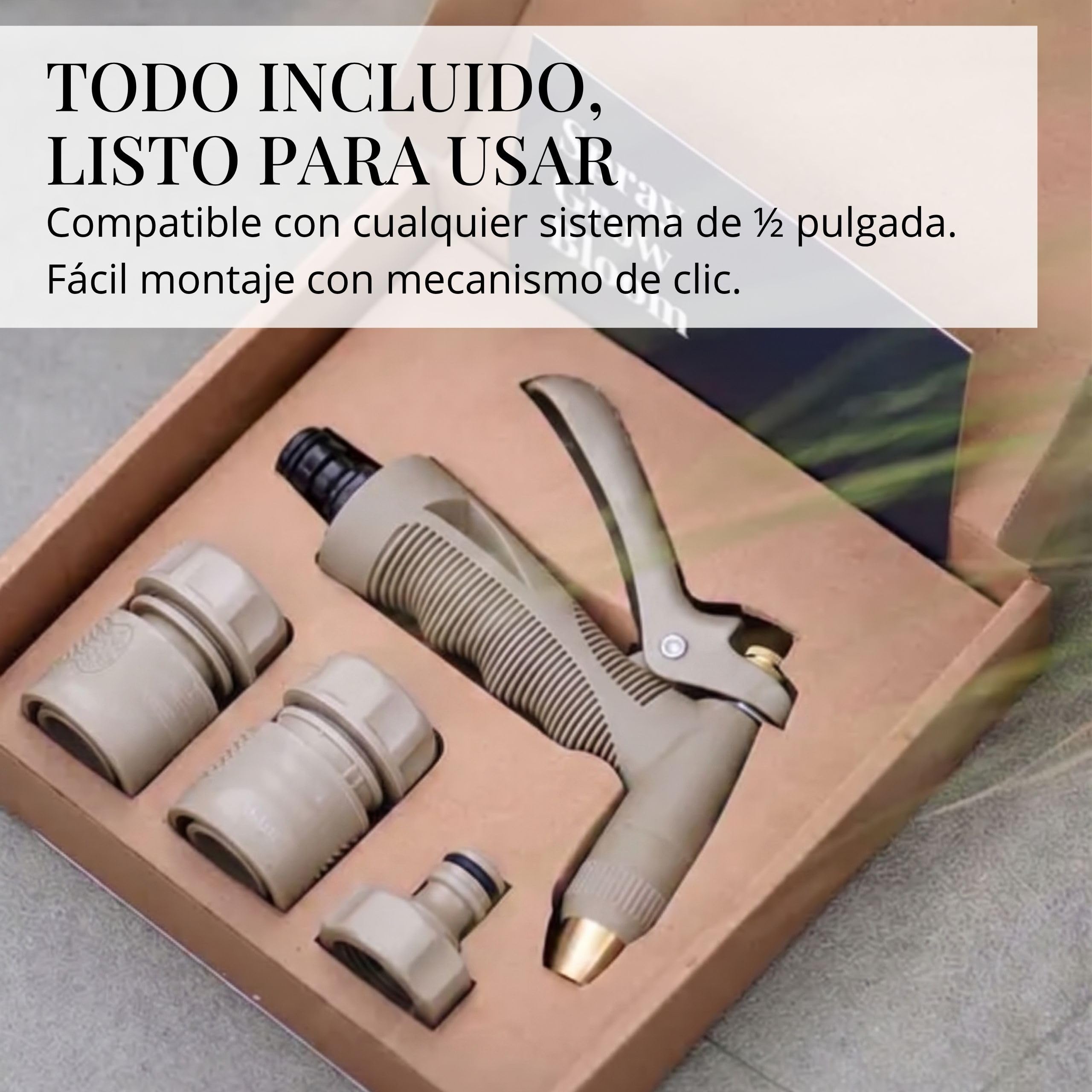 LIVLIG Pistola de riego Premium en set completo – boquilla robusta para limpiar y regar, con conectores 1/2", cuerpo de plástico y latón, control con una mano y bloqueo fijo – Beige (Beige)