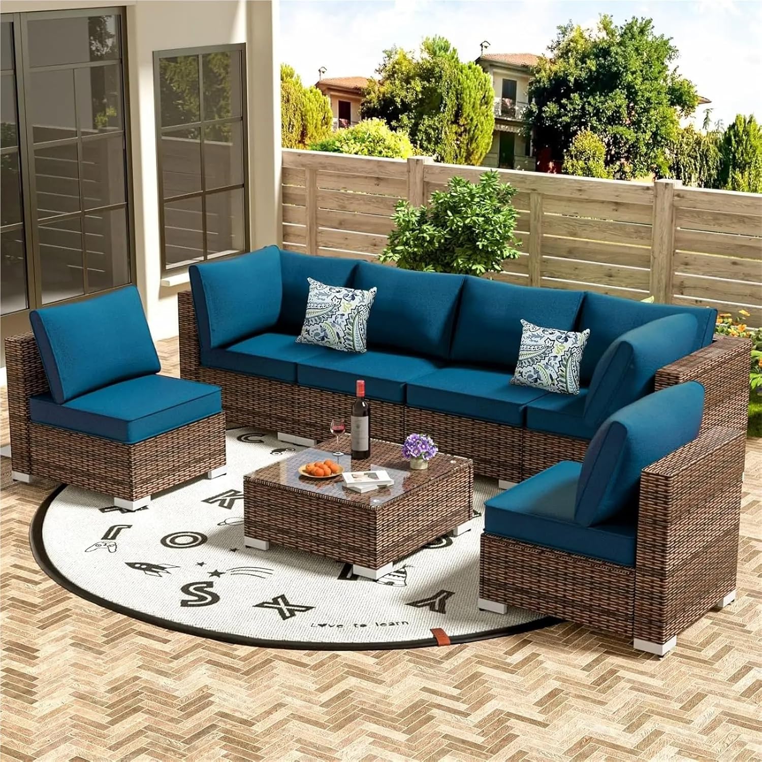 7 Pieces Outdoor Patio Conversation Sets, All-Weather Wicker Outdoor Sectional Sofa, Rattan PE Wicker Seating with Glass Coffee Table(Red)