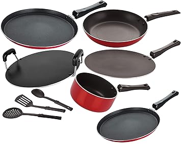 Nirlon Gas Compatible Non-Stick Aluminium Cookware Set, 9-Pieces, Red/Black [2.6mm_FT13_FT12_CT_SPB_RT_TP24_3SPN]