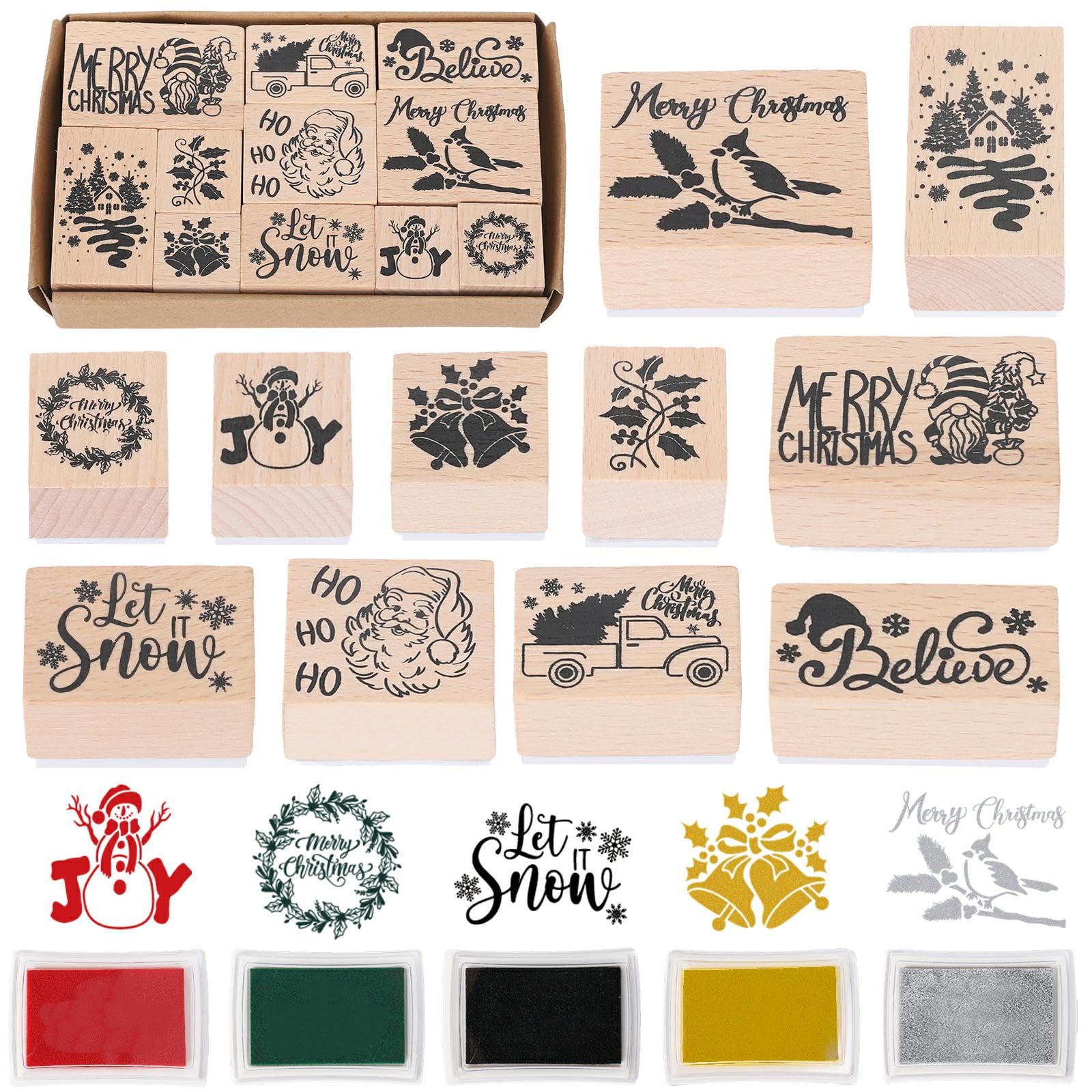 JarThenaAMCS 16Pcs Merry Christmas Wooden Rubber Stamps with 5 Mixed Ink Pads Xmas Mixed DIY Craft Stamps for Party Gift Decor Scrapbooking Cards