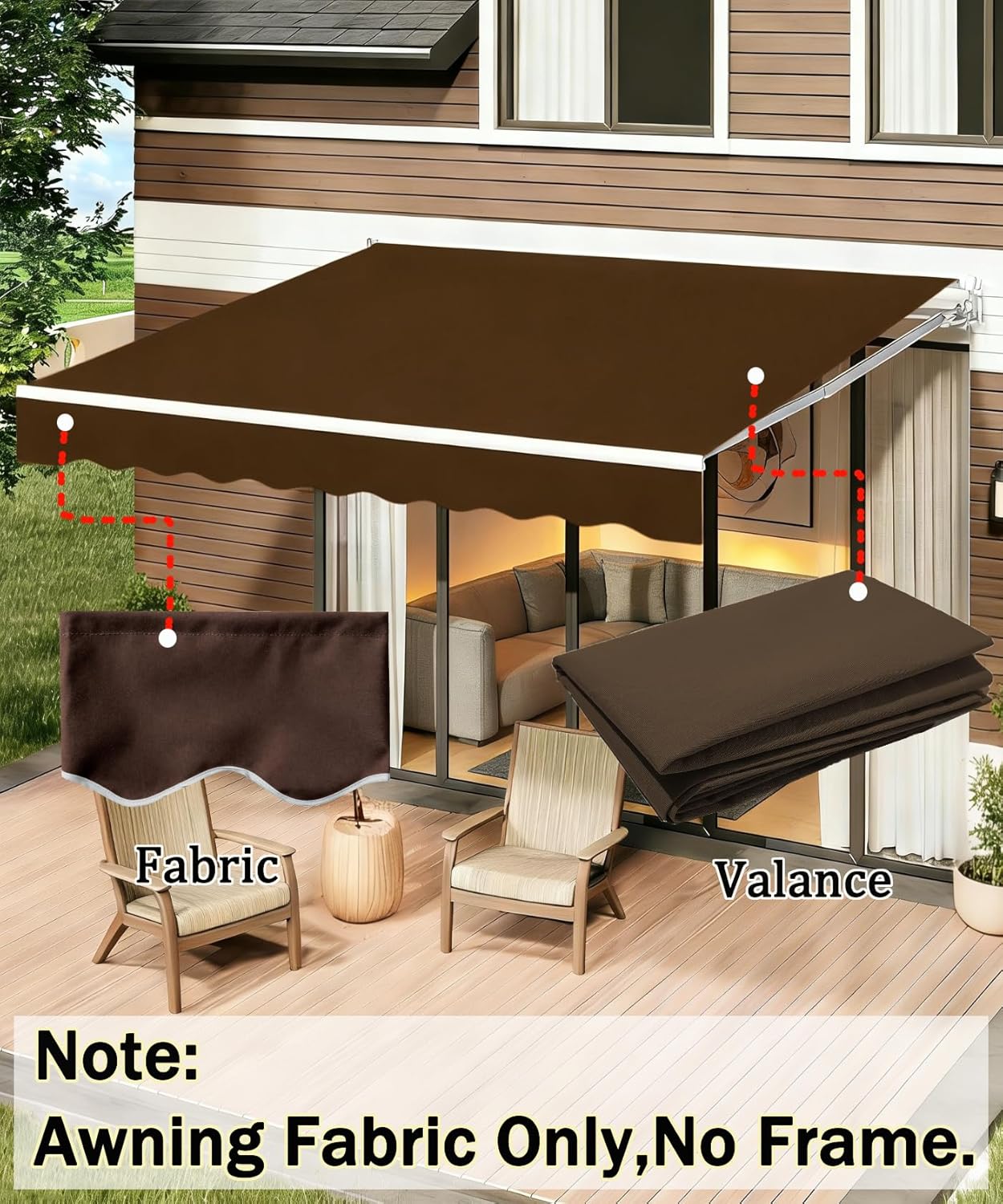 20' x 10' Retractable Patio Awning Replacement Fabric Cloth, Durable Exterior Sunshade Canopy Cloth, Reinforced Multi-Purpose Waterproof Protective Awning Cover, Brown