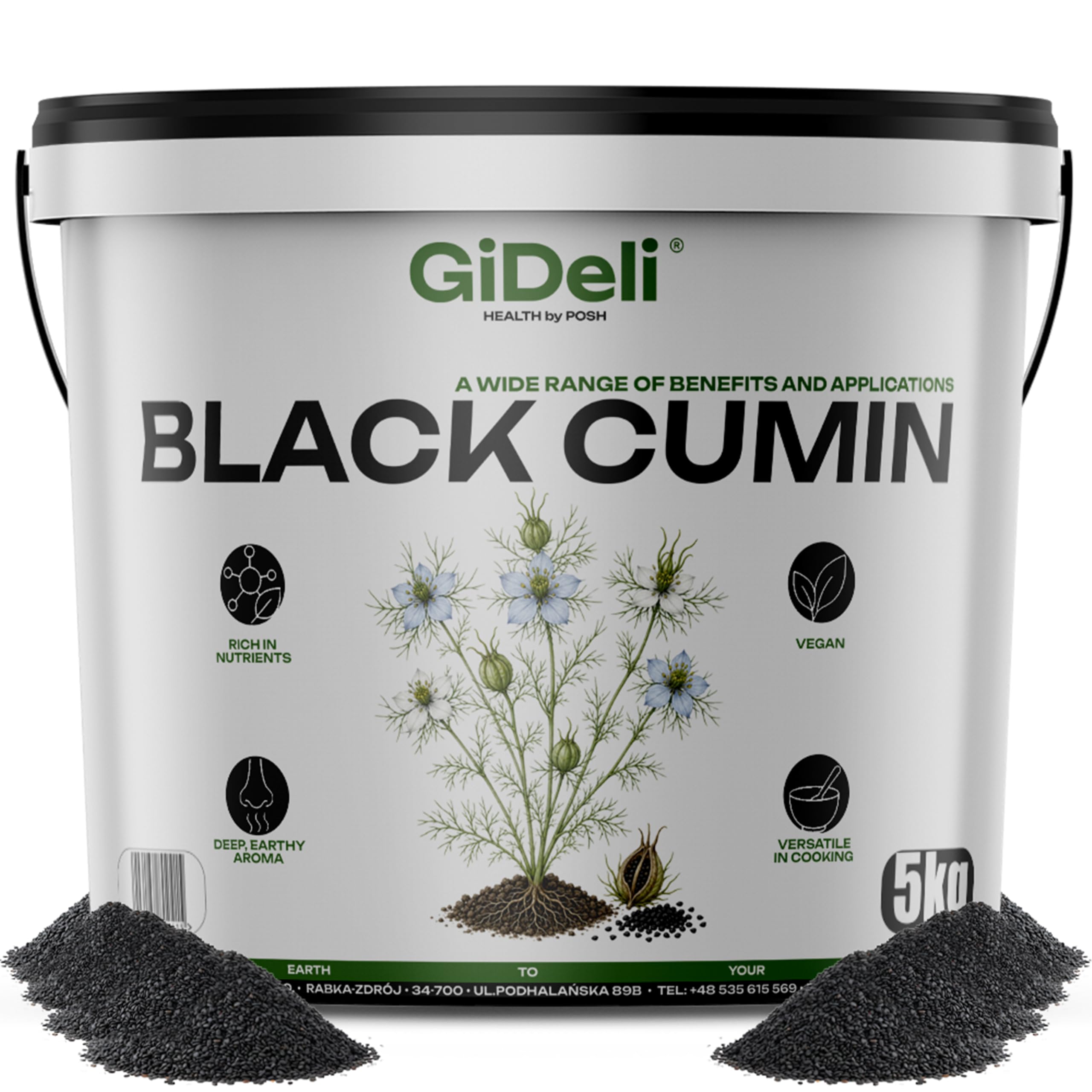 GiDeli Semillas de Comino Negro 5kg - Auténtica Nigella Sativa Entera - Aroma Profundo y Terroso - Semillas Frescas Veganas para Pan, Ensaladas, Yogur e Infusión