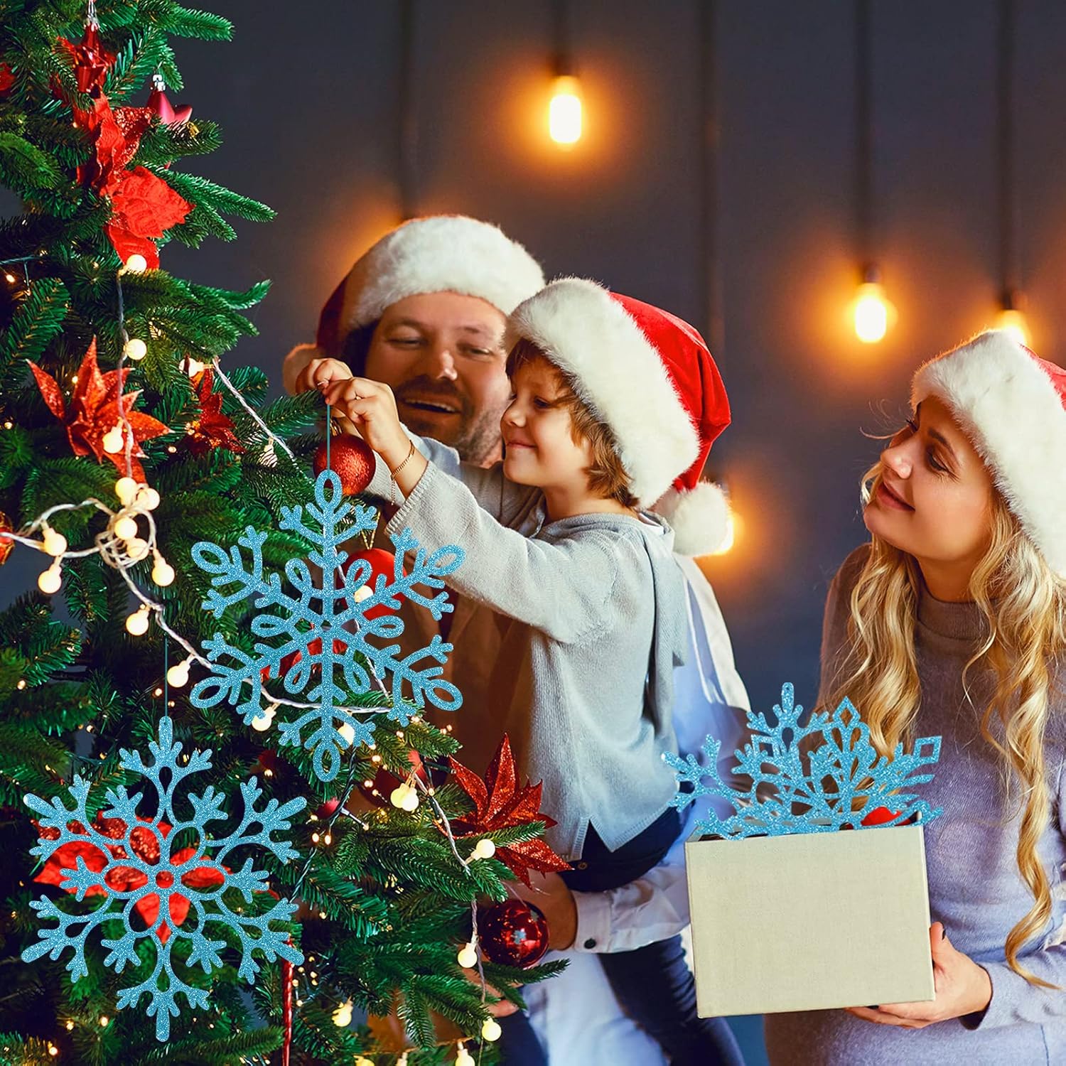 Sratte 12 Pack Large Glitter Snowflakes Ornaments 12" Plastic Giant Winter Christmas Hanging Decor Oversized Snowflakes Ornaments for Indoor Outdoor (Blue) - Image 4