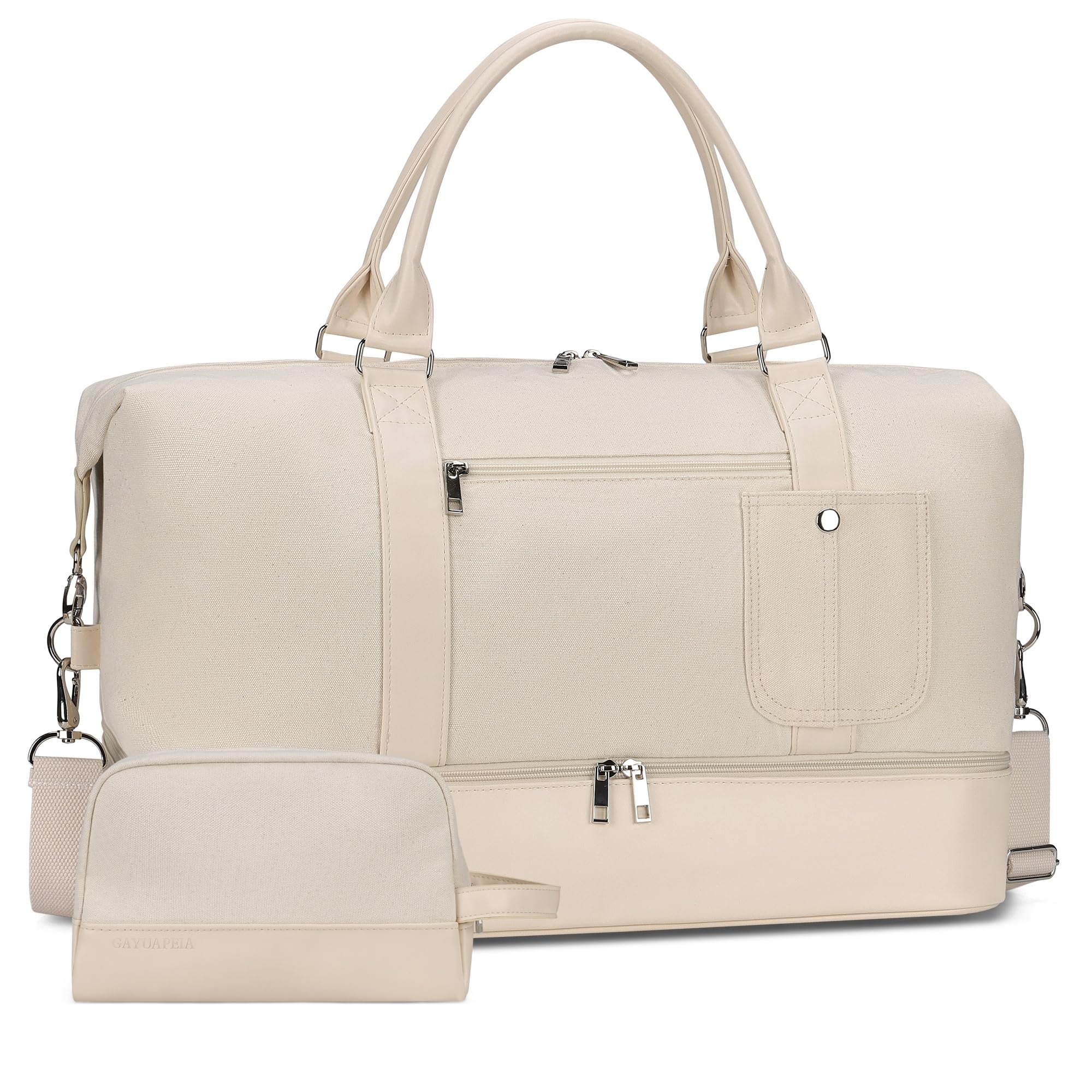 Oeihuivt Weekender Bags for Women - 21 Inch Large Travel Duffel Bag 2-Piece Set with Shoe Compartment, Heavy-Duty Canvas & Leather Carry On Overnight Tote (Airplane Approved)