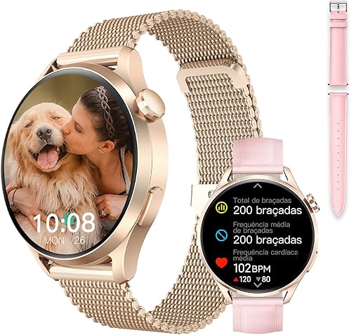 Kieslect Reloj inteligente Lora Reno 3, pantalla AMOLED de 1.5 pulgadas, GPS, llamadas Bluetooth, más de 178 modos deportivos, correa dual, dorado