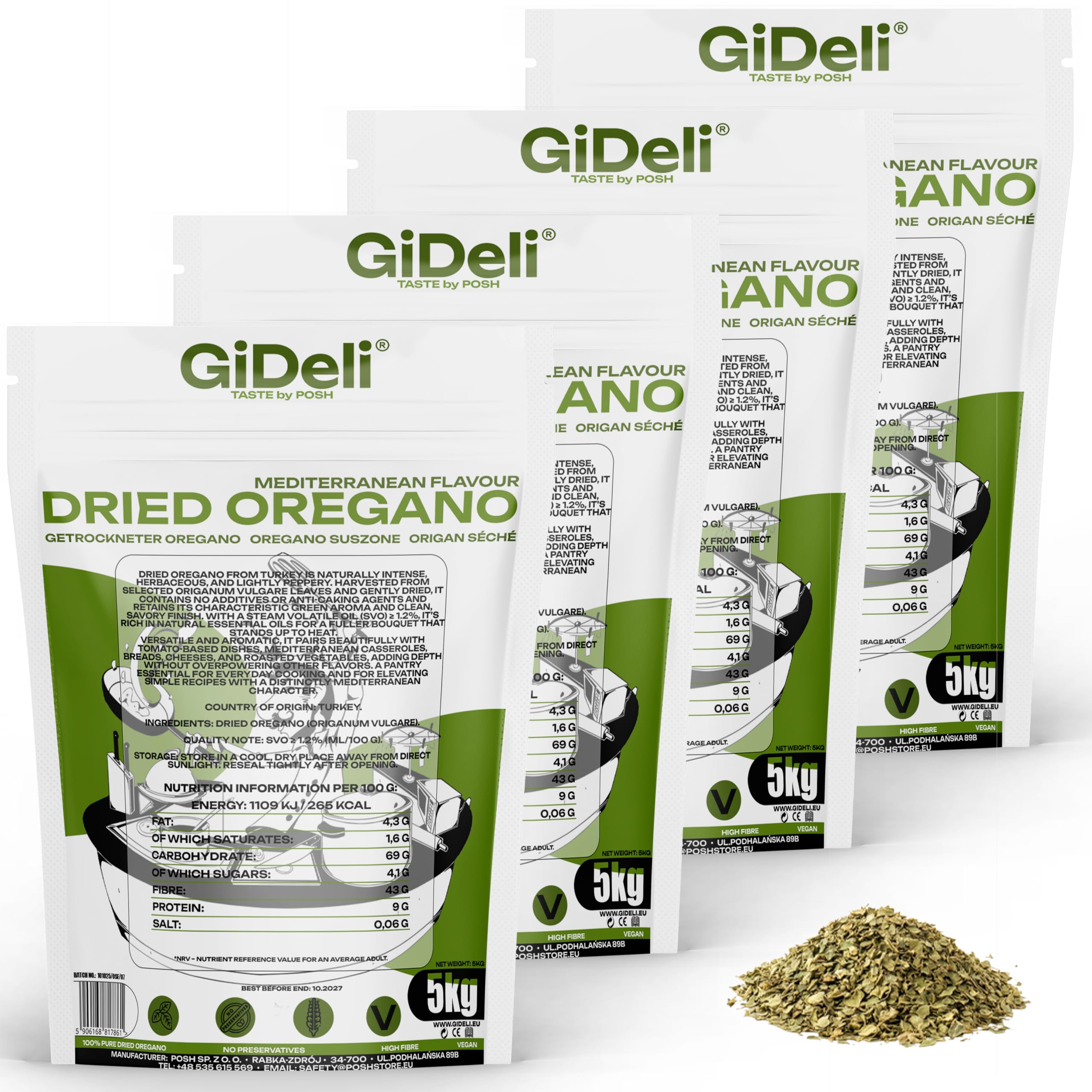GiDeli Oregano 4 x 5kg - Getrocknete Oregano Blätter- Türkisches Gewürz für Italienische Küche - Pasta Fisch Pizza Suppen Salat und Fleischgerichte