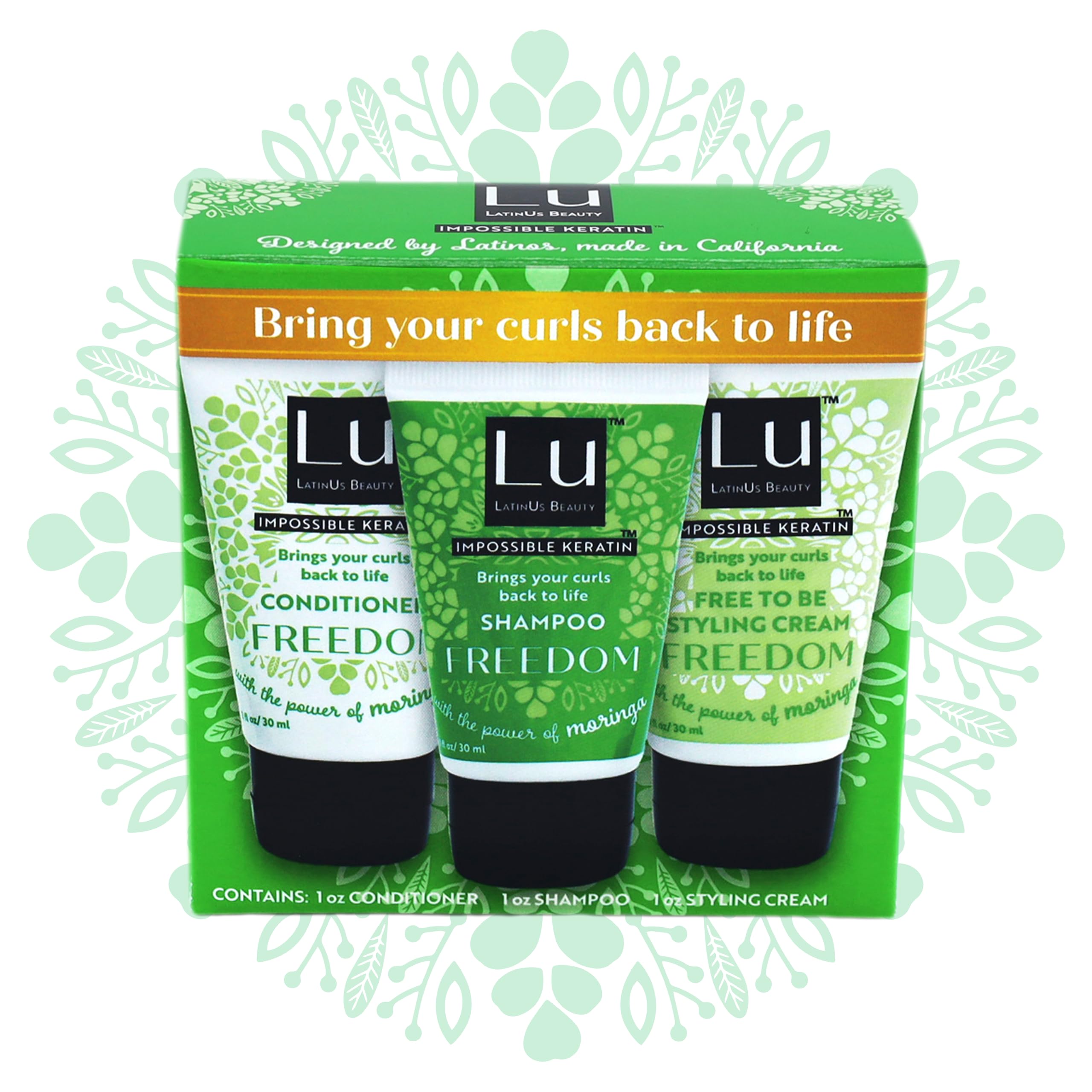 Lu by LatinUs Beauty Freedom Travel Size Collection | Shampoo, Conditioner & Styling Cream with Impossible Keratin™, Moringa Oil, Cruelty Free, Sulfate Free | 3 Fl Oz Total | 3-Piece Set Jasmine 1 Fl Oz (Pack of 3)