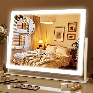 ROLOVE Hollywood Lighted Vanity Makeup Mirror 16x12 Inch with 10X Magnifier, 3 LED Modes, Touch Dimming & 360° Rotation - White