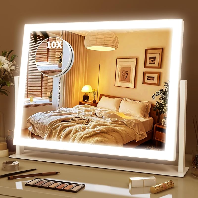 Espelho para maquiagem com iluminação ROLOVE 41,40 cm x 32,00 cm, ampliação 10X, 3 modos de luz, controle por toque e rotação de 360°, branco
