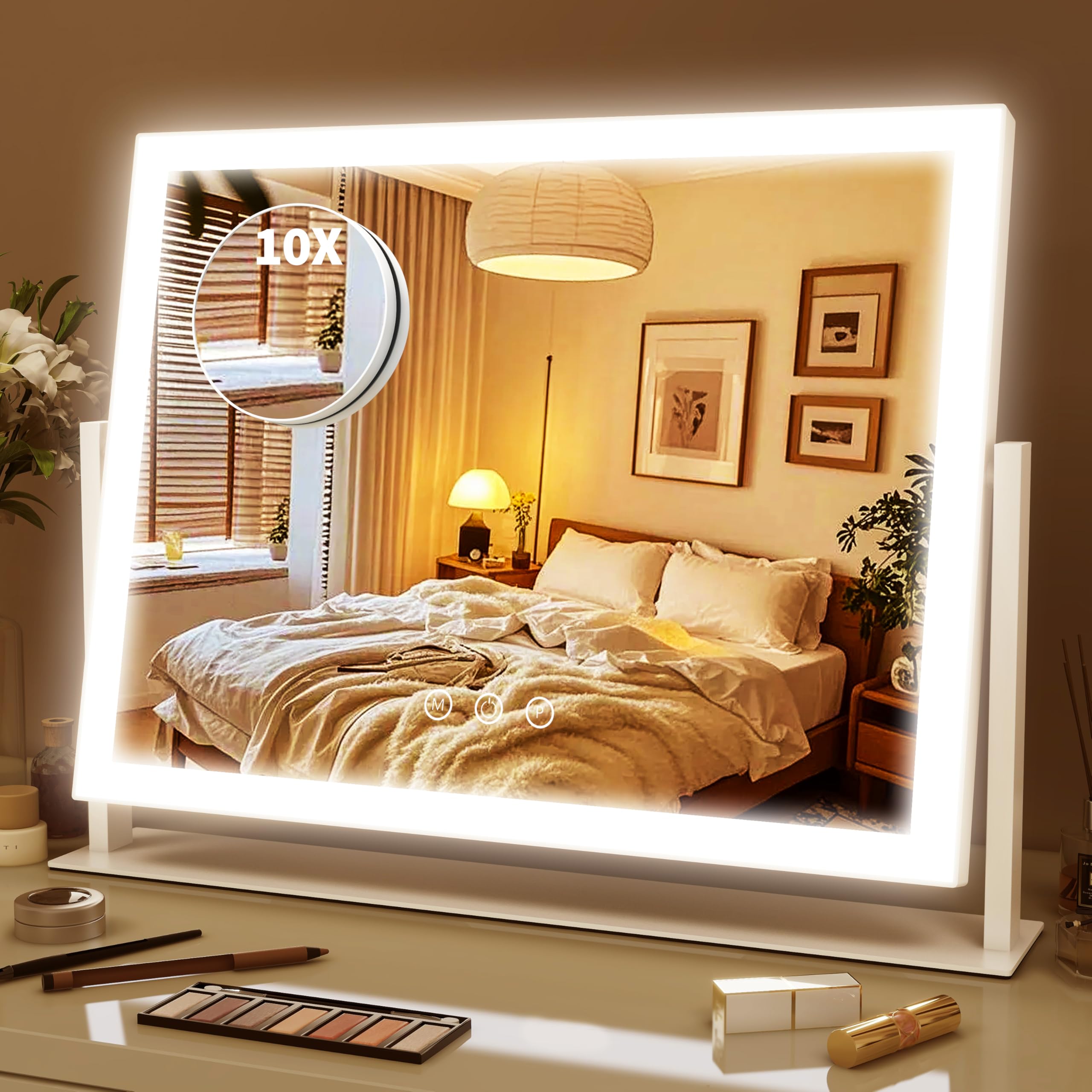 ROLOVE Lighted Makeup Mirror 16.3"x12.6", Hollywood Vanity Mirror with 10X Magnifier, 3 Color LED Lighting Modes, Smart Touch Control & 360° Rotation,
