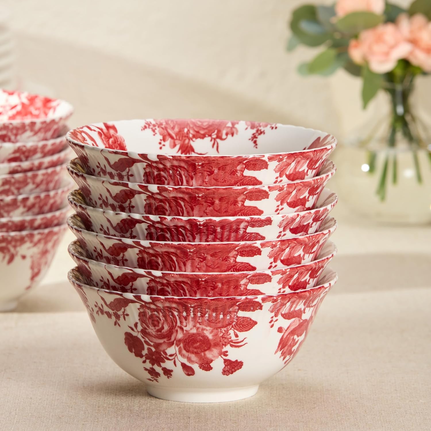 Gabrielle Rose Porcelain ALL PURPOSE BOWLS,SET of 6, 6.25-inch scalloped rose toile bowls with interior and rim floral artwork for expressive everyday dining