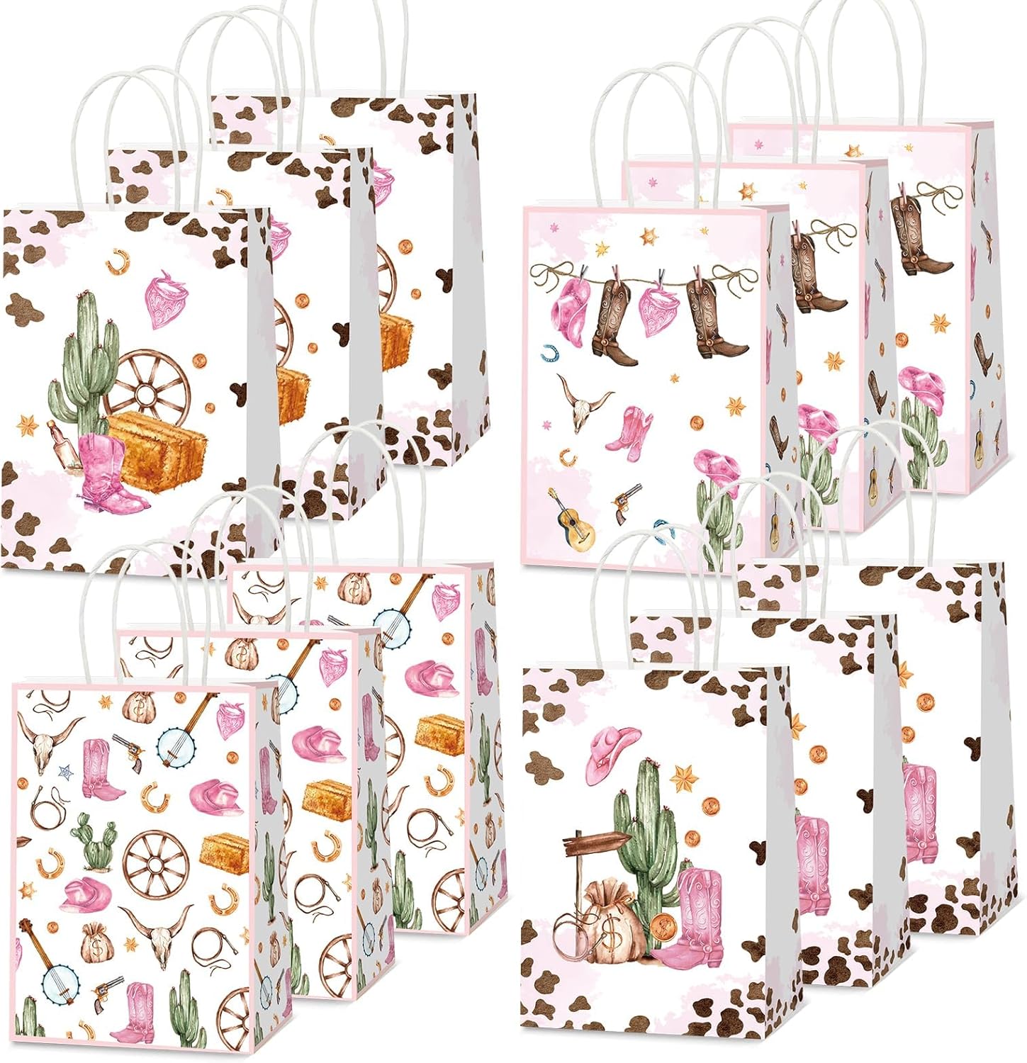 Naozinebi 12PCS Cowgirl Party Favors Bags Western Cowgirl Goodie Bags with Handle Rodeo Pink Birthday Paper Goodie Favors Wild Western Girl Party Decorations for Baby Shower Birthday Decorations