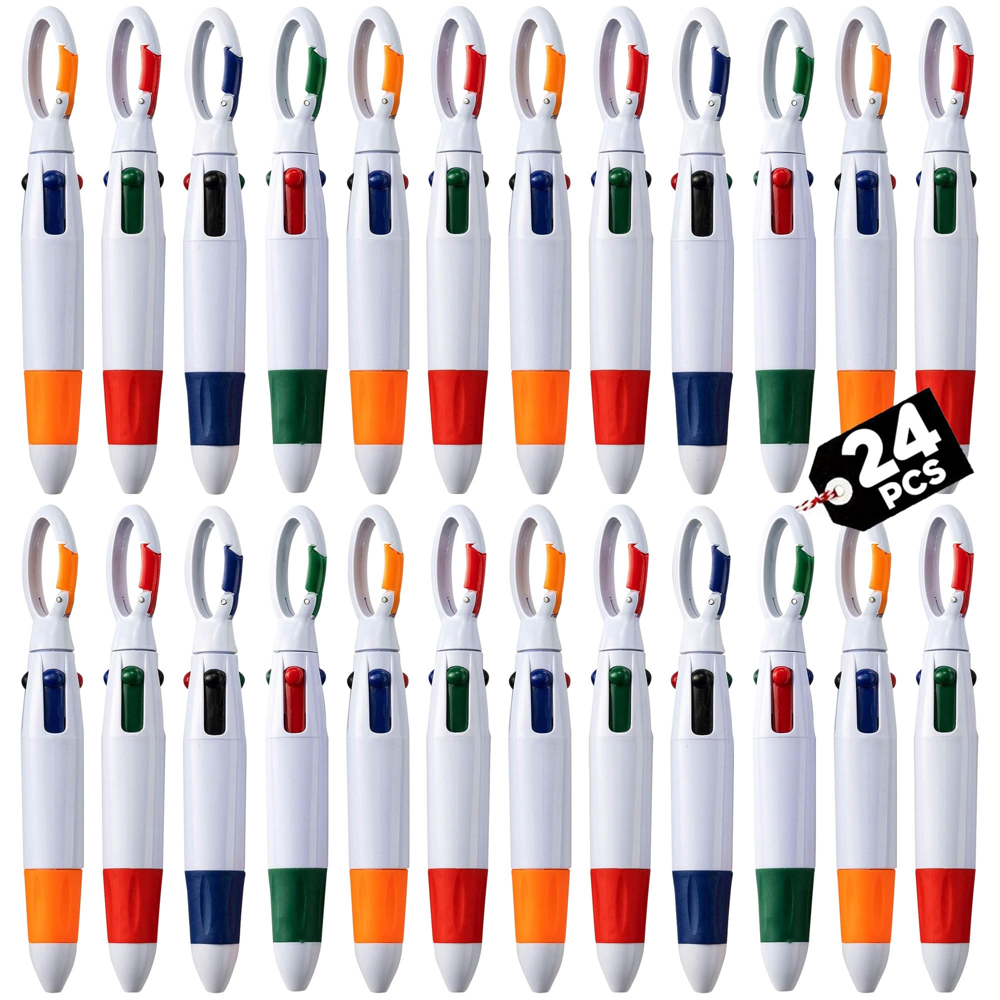 Retractable Shuttle Pens with Carabiner Clip- Pack of 24 Bulk Mini 4-in-1 Multi-Colored Ink Ballpoint Pens with Keychain for Adults, Kids, Nurses,