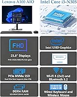 Vista 3 de Lenovo 24 All-in-One Intel i3-N305 8-Core Desktop Computer, 8GB DDR4, 512GB PCIe SSD, Lifetime Office 365 for Web, 23.8" 1080P AIO for Home, WiFi