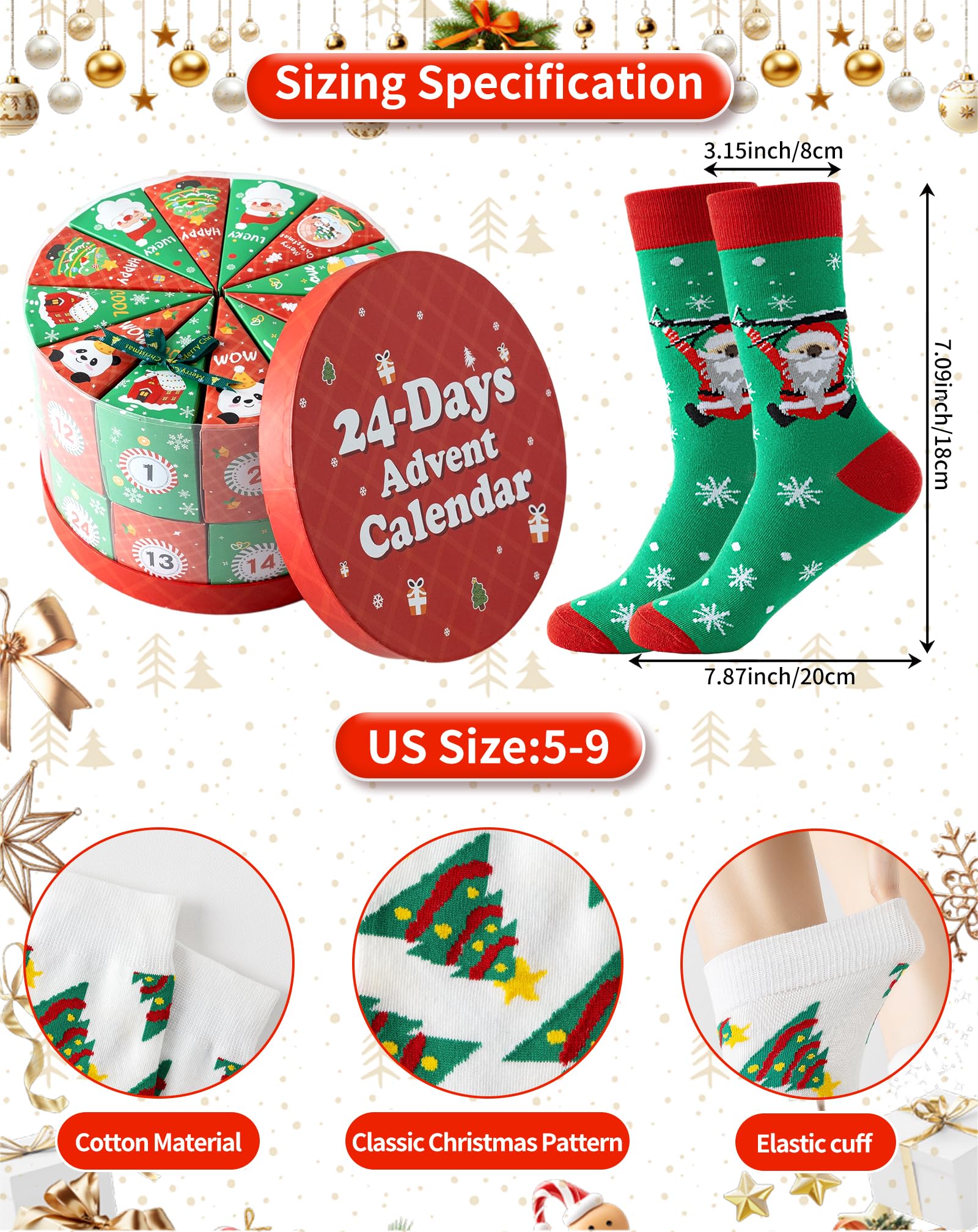 Yawlsow Calendario de Adviento de 24 pares de calcetines de Navidad 2025, caja de cuenta regresiva de 24 días para adultos y niños, regalos de fiesta de Navidad