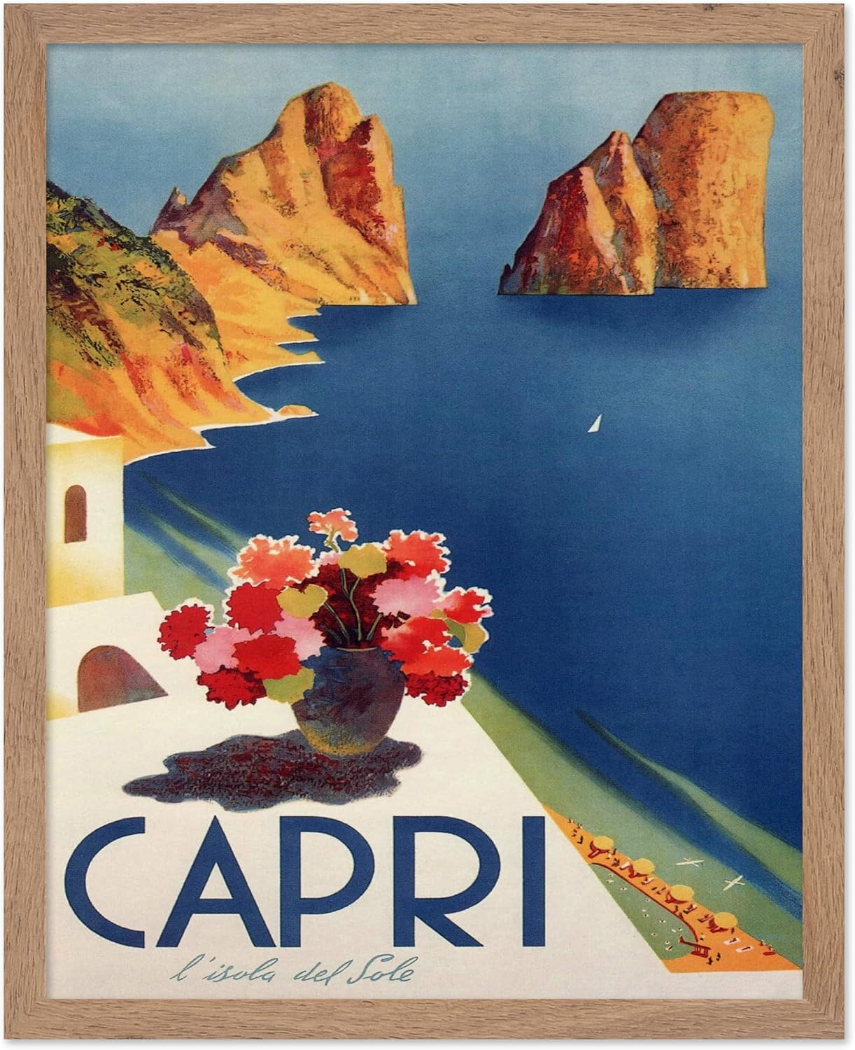 Poster Master Vintage Travel Poster - Capri Print - Capri Island Art - Italy Art - Coastal Gift for Men, Women, Travel Lover - Floral Decor for Bedroom, Ocean or Beach House - 8x10 UNFRAMED Wall Art